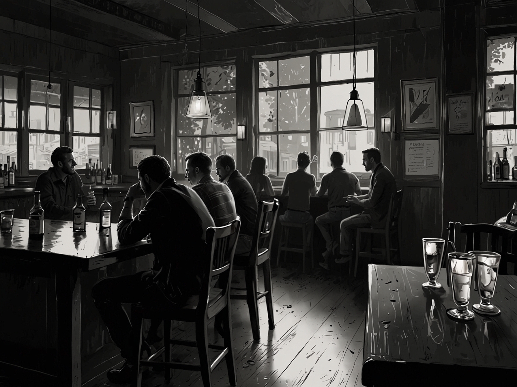 A somber scene at a local bar, filled with empty glasses and a quiet atmosphere, reflecting on a night that began with laughter but ended in tragedy.