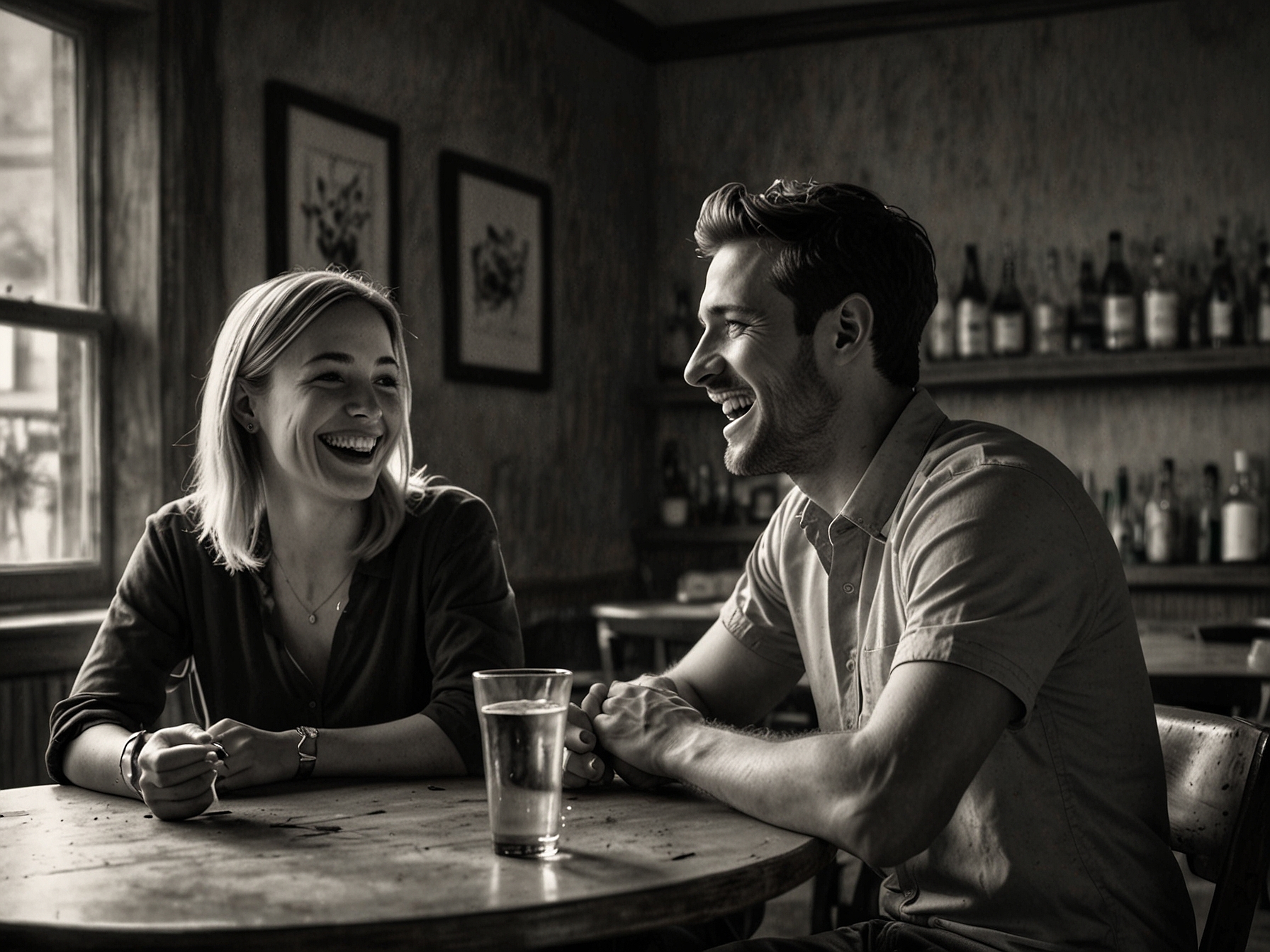 Two friends sit at a table in deep conversation, laughter shared over drinks in the foreground, contrasting sharply with the underlying tension captured in their expressions.