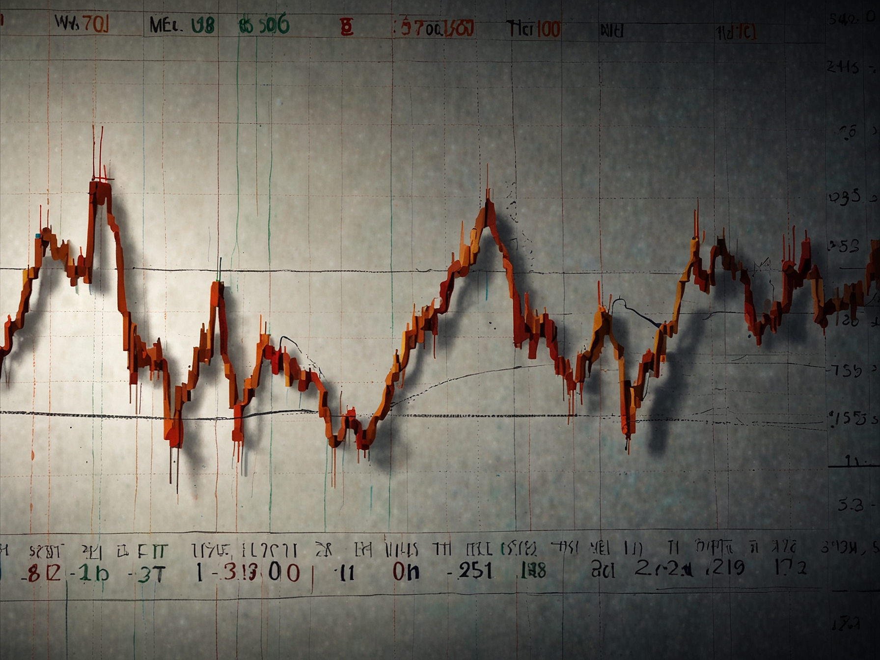 A close-up of a stock market graph showing Rail Vikas Nigam's share price decline, highlighting the volatility and challenges in the current economic landscape.