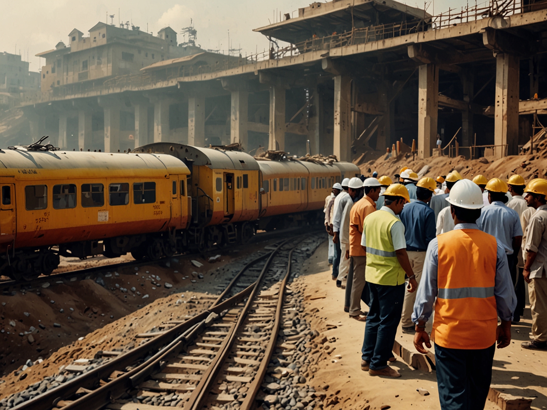 A scene depicting a busy railway construction site in India, representing the critical role of Rail Vikas Nigam in enhancing the nation's infrastructure development amidst fluctuating market sentiments.