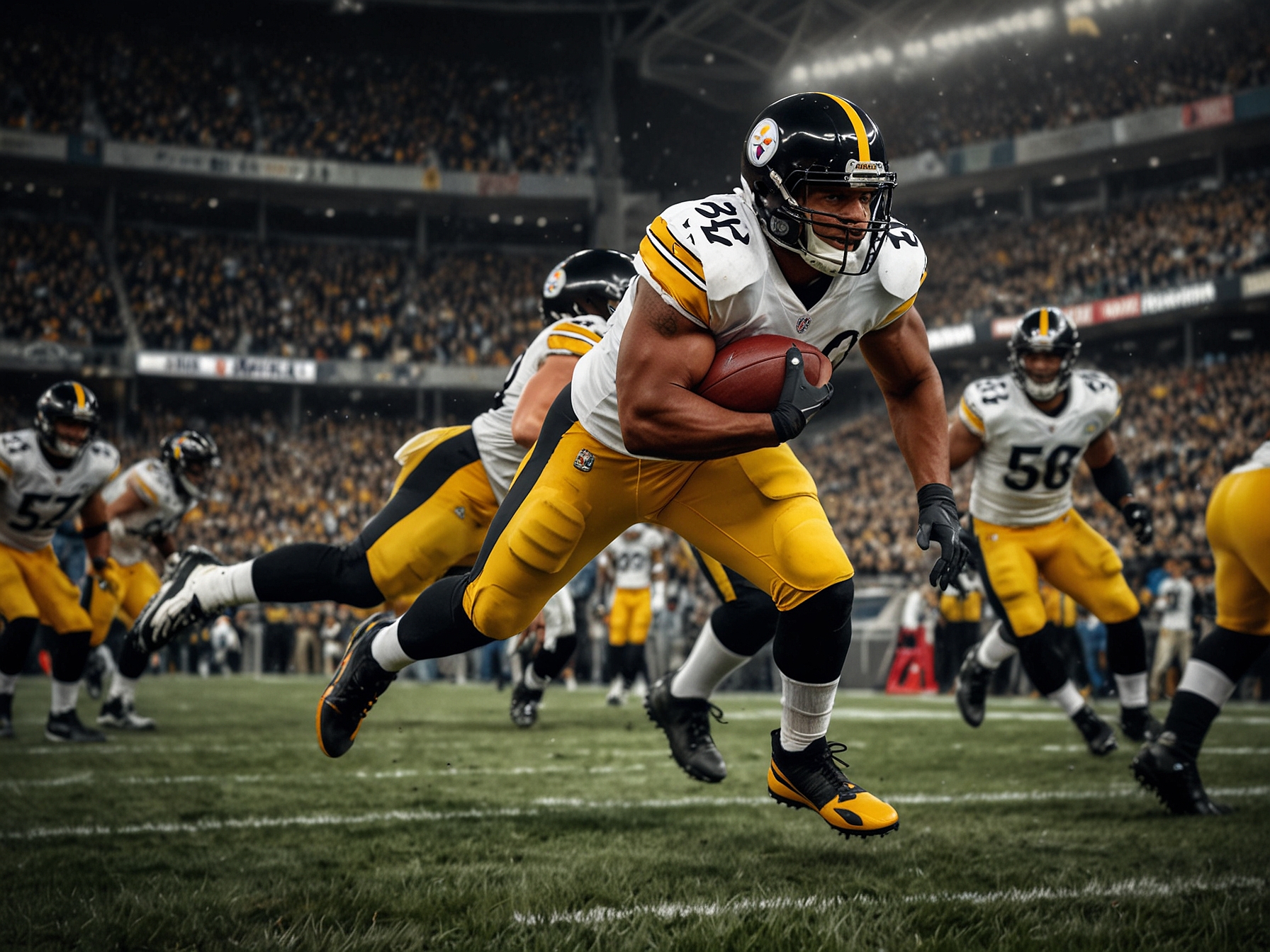 Zach Frazier in action during a game, showcasing his agility and skill as he engages with opponents on the field, much to the excitement of Steelers fans.