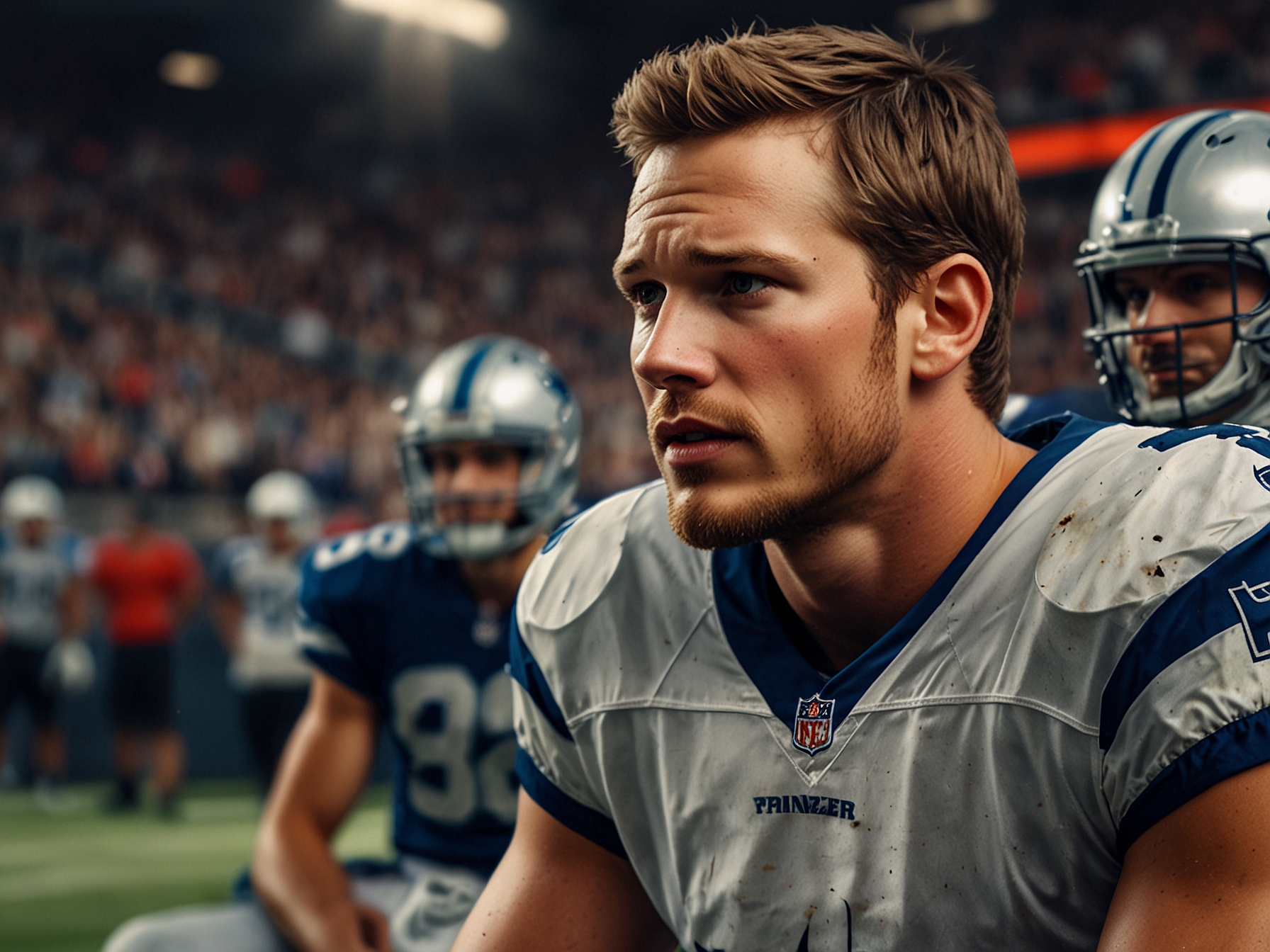 A close-up of Zach Frazier communicating with his teammates on the sideline, demonstrating his leadership qualities and team spirit in a high-stakes NFL environment.