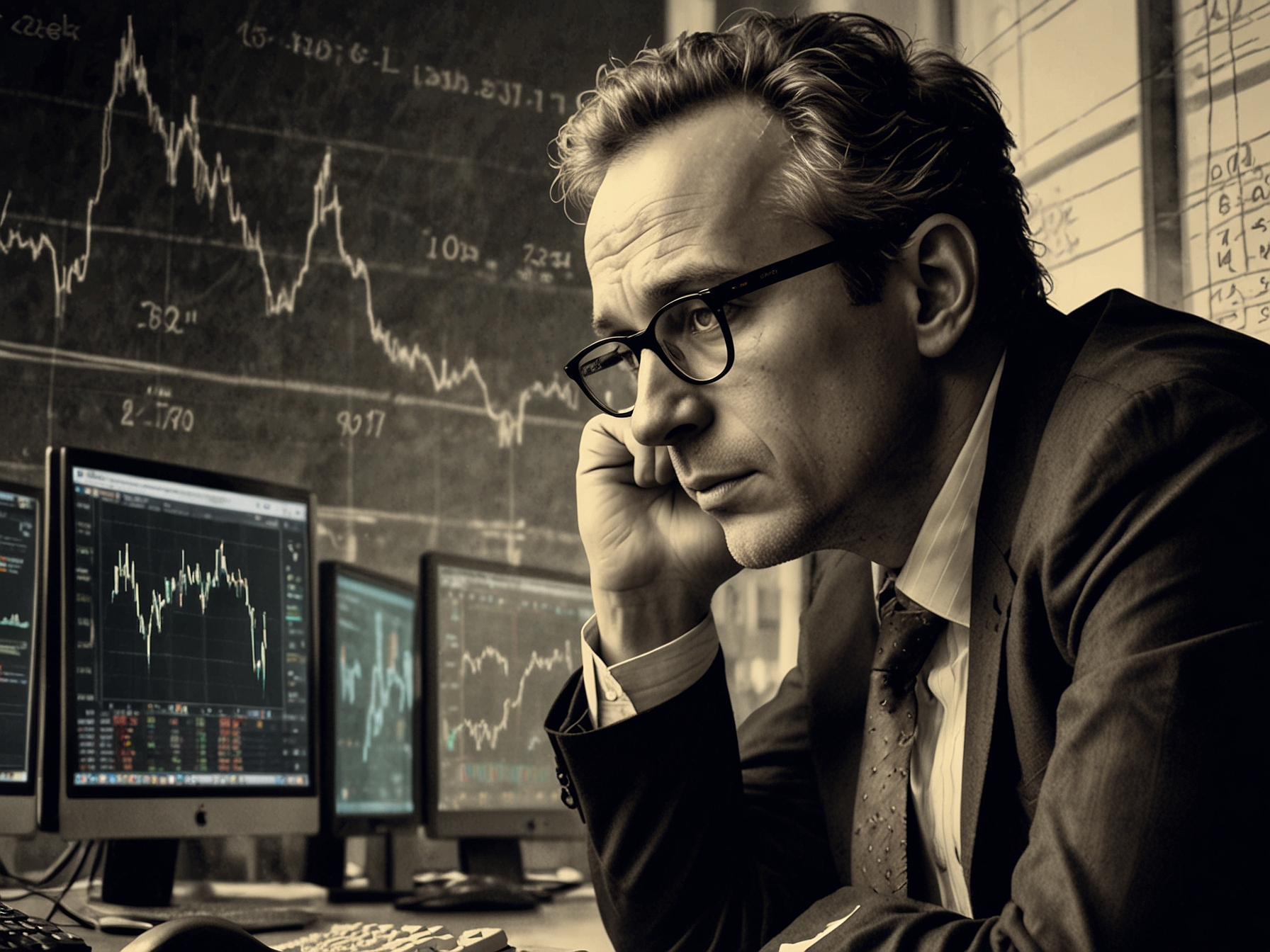 A thoughtful investor contemplating the implications of Palantir's stock surge, with elements of fear and greed depicted through expressive facial expressions and stock market visuals.