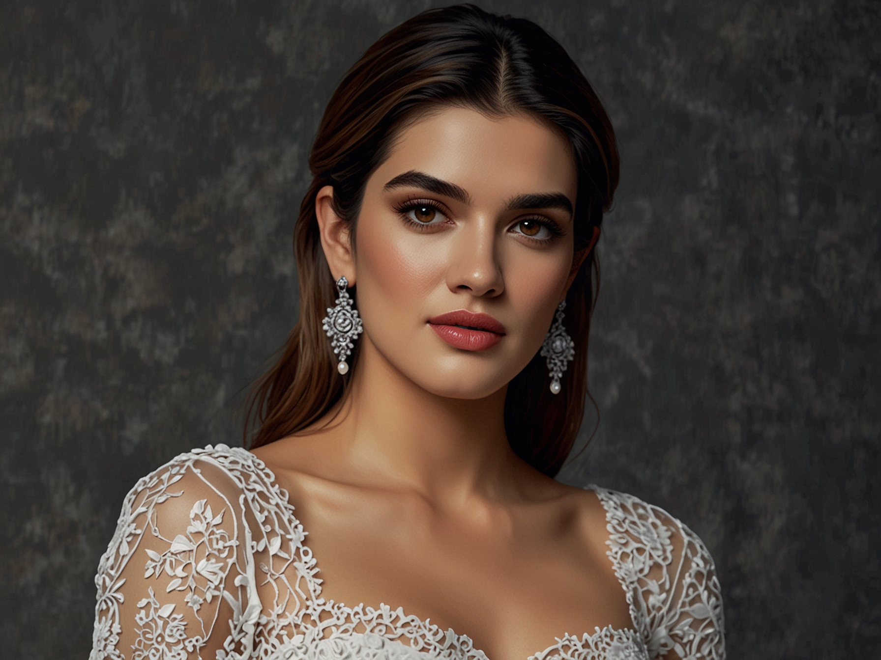A close-up of Kriti Sanon's outfit reveals the intricate sheer lace details and subtle embroidery on her corset, highlighting her confident and chic style at the glamorous event.