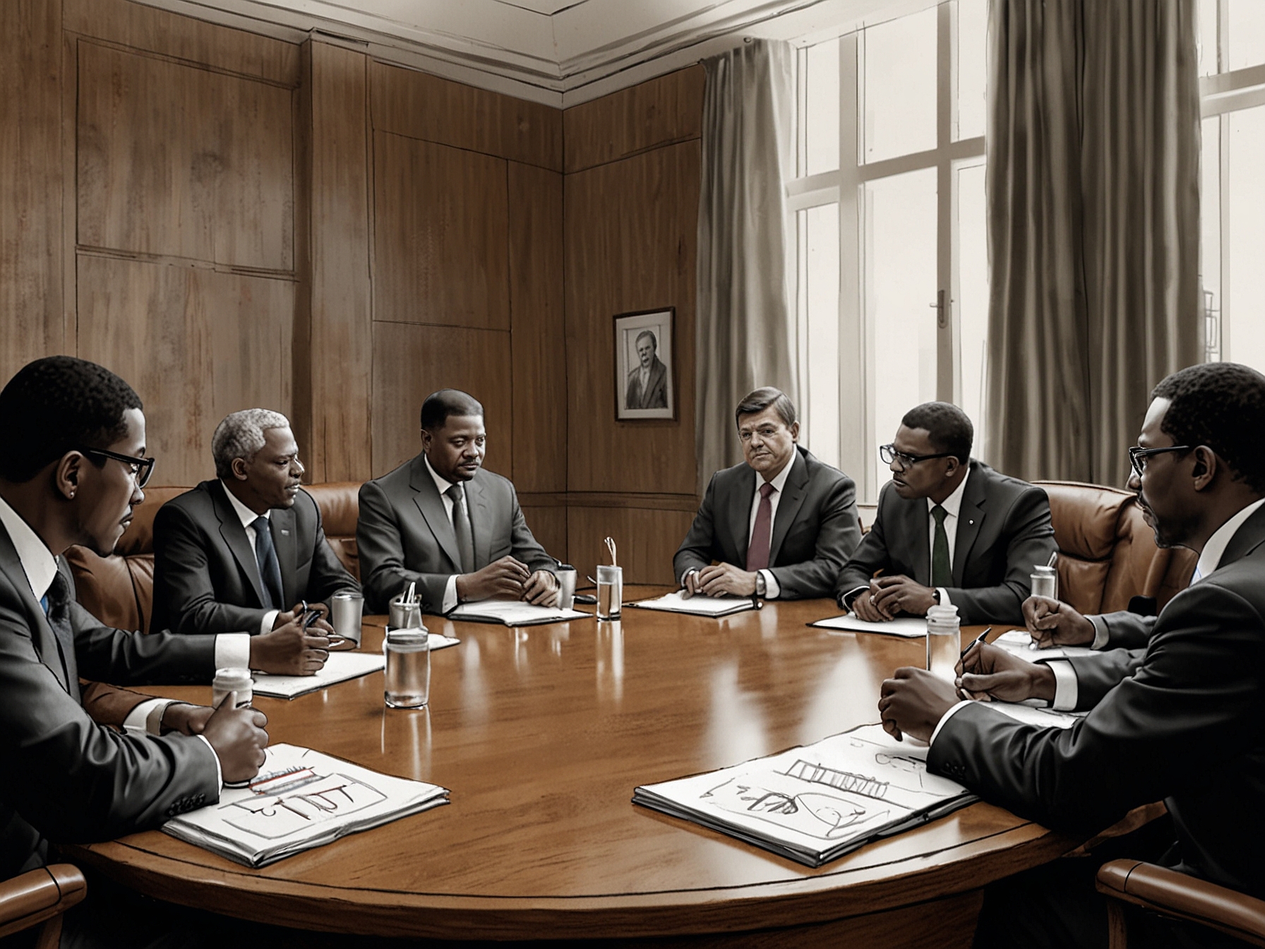 A group of OPEC+ leaders convening at a meeting, symbolizing their strategic decisions to ramp up oil production and manage market dynamics in the coming years.