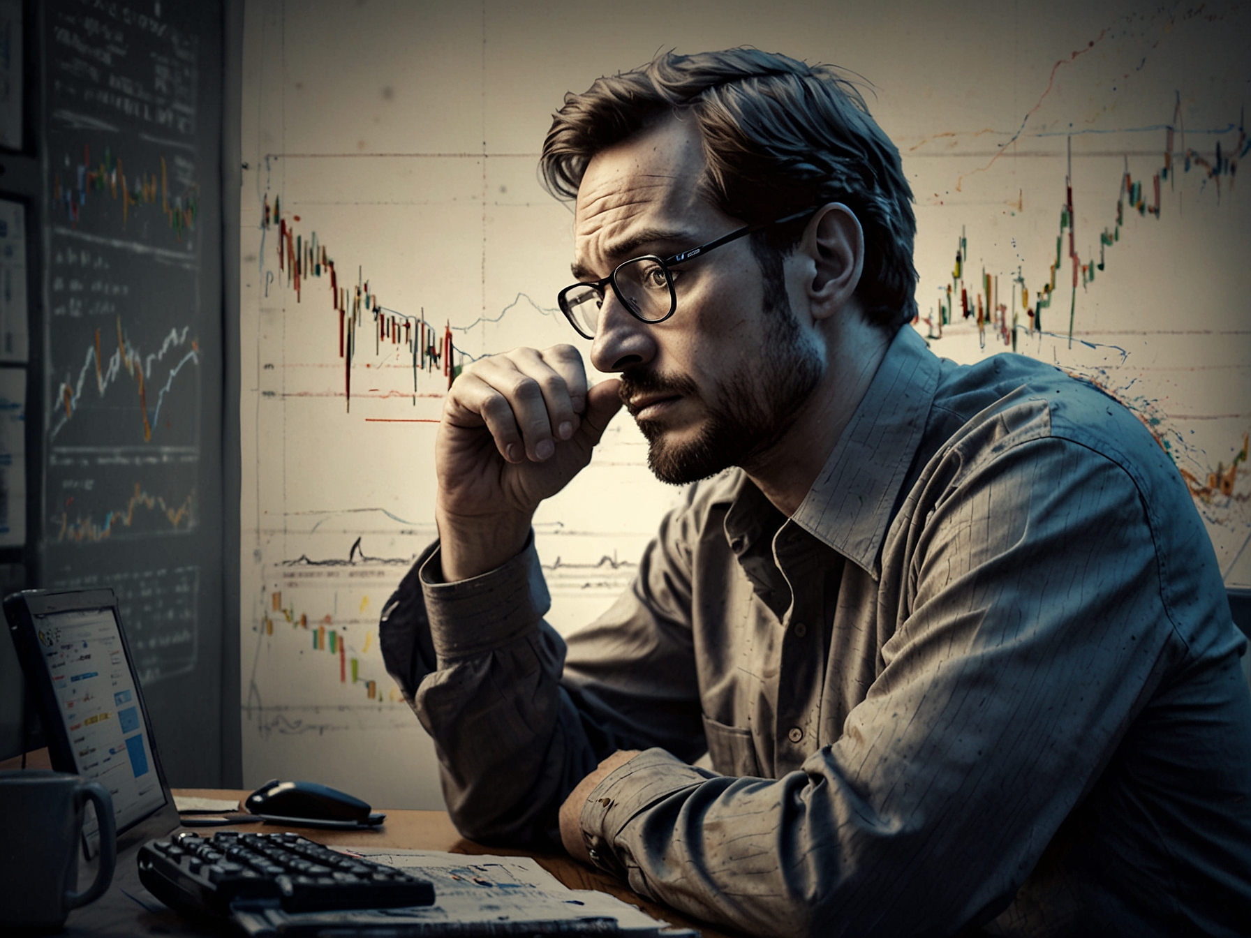A worried investor analyzing market data on crude oil prices, representing the shifts in sentiment as major investors reconsider their investment strategies in oil.