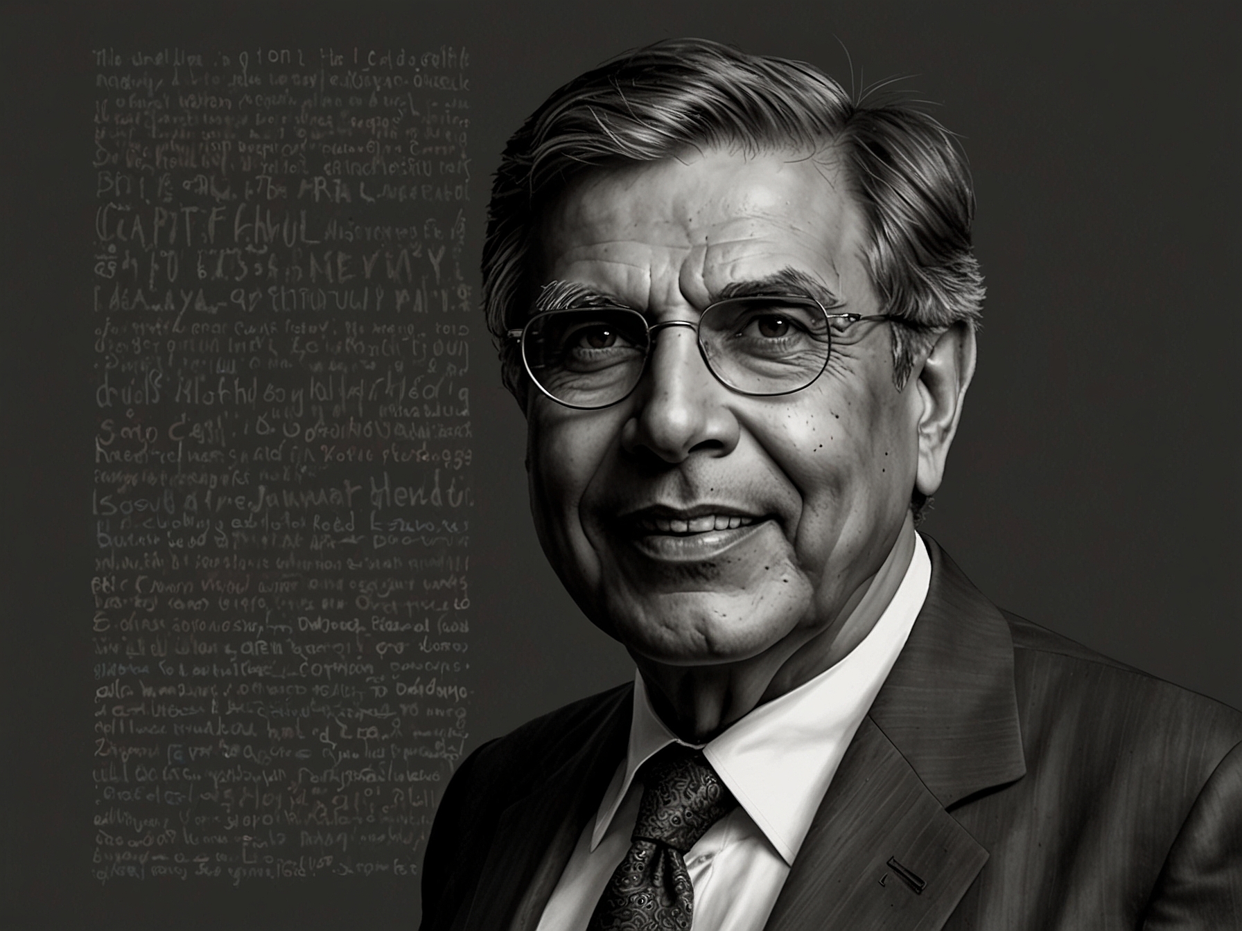 A portrait of Ratan Tata, reflecting his impactful journey in philanthropy and his vision for the Tata Trusts, emphasizing human connection and community engagement.
