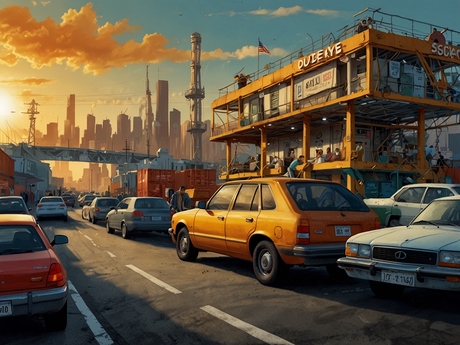 A digital illustration depicting the impact of falling oil prices on daily life, showing scenes related to transport, jobs, and business, all influenced by these economic changes.