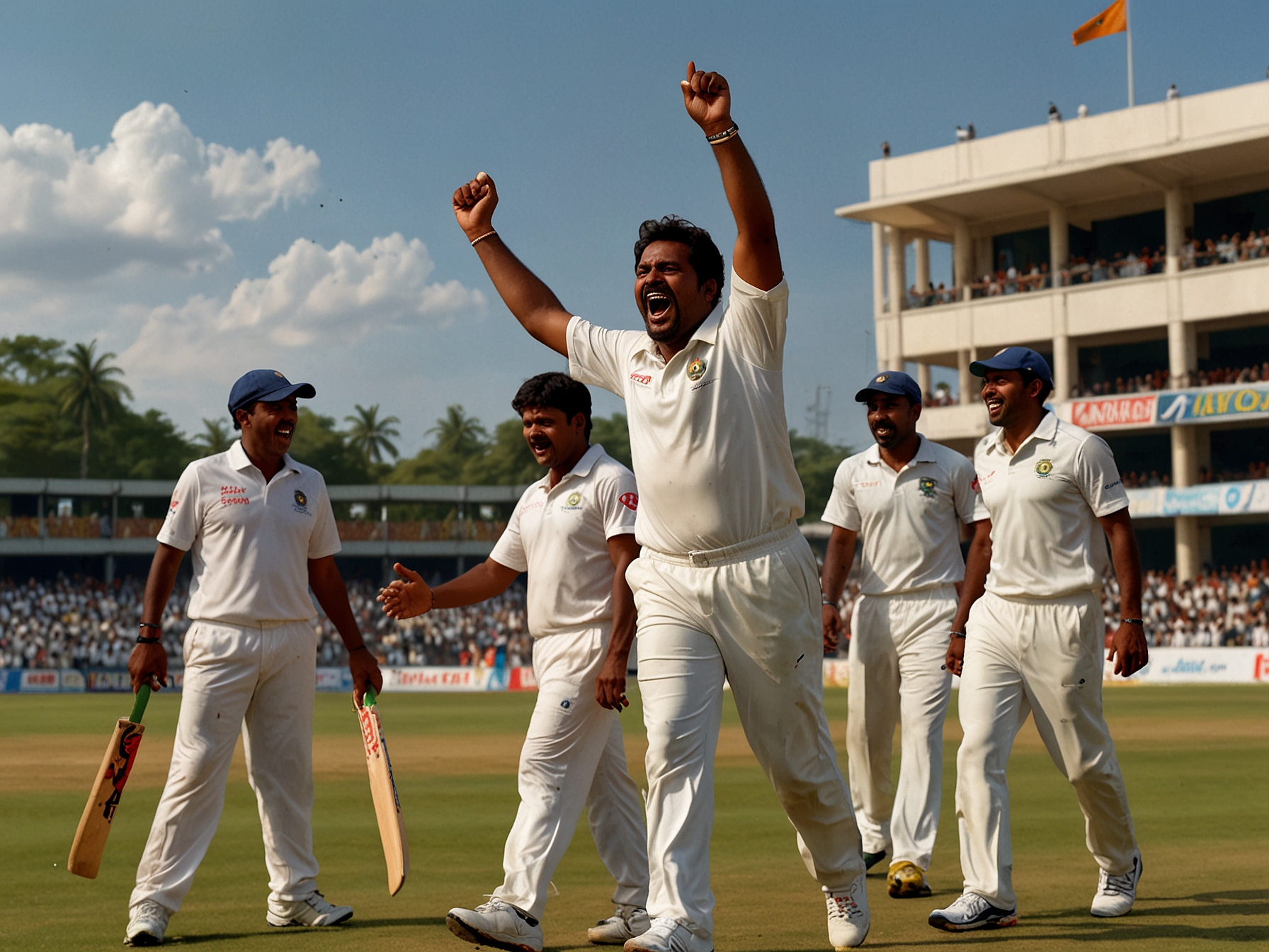 A Tamil Nadu bowler celebrates taking a wicket, surrounded by teammates on a charged cricket field. The crowd is vibrant, reflecting the excitement of the day as Saurashtra struggle with the relentless bowling attack.