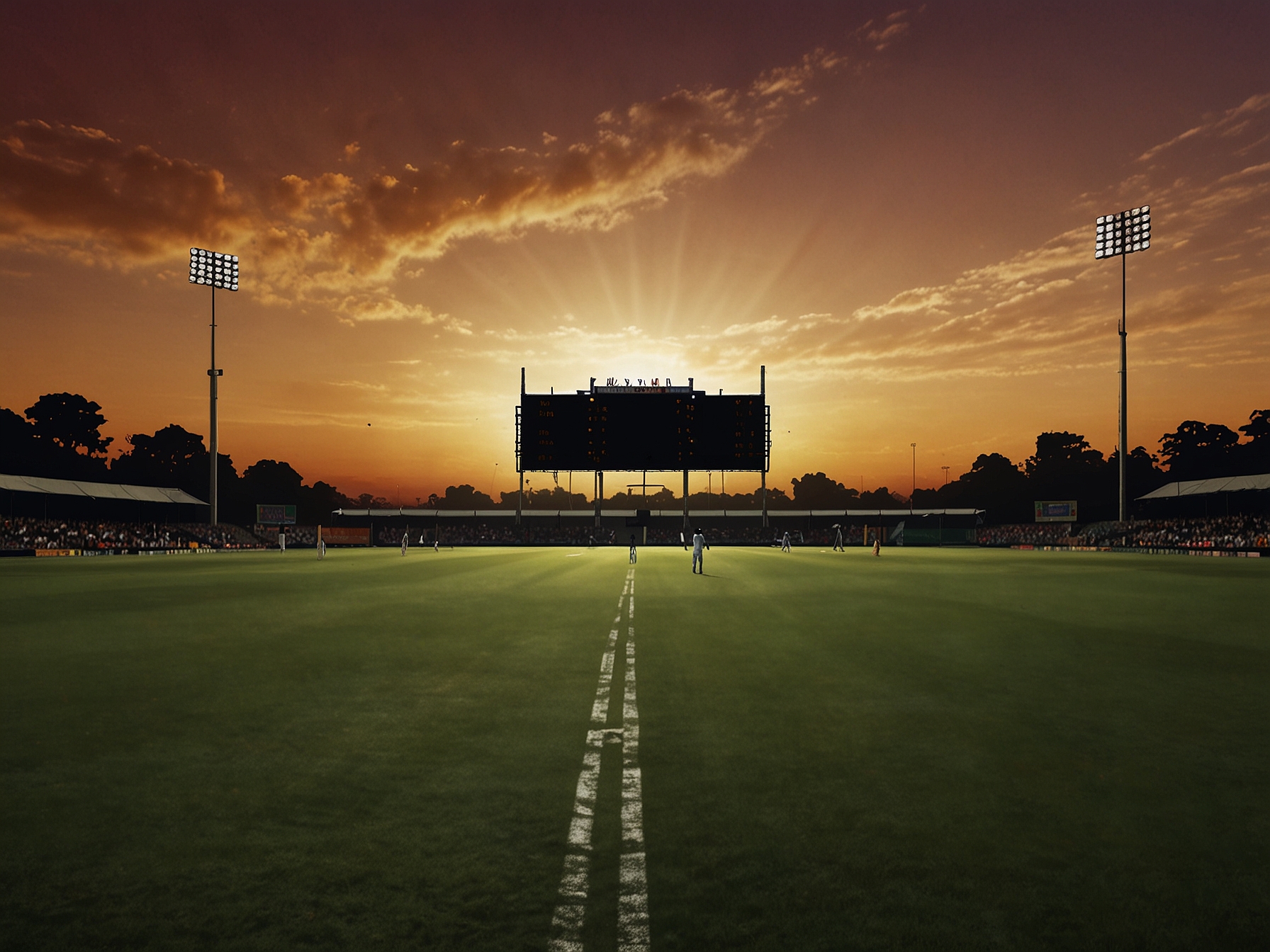 The scoreboard displays a low total for Saurashtra, symbolizing their struggles against Tamil Nadu’s superior bowling. The sun sets in the background, adding a dramatic effect to the tense atmosphere on the cricket pitch.