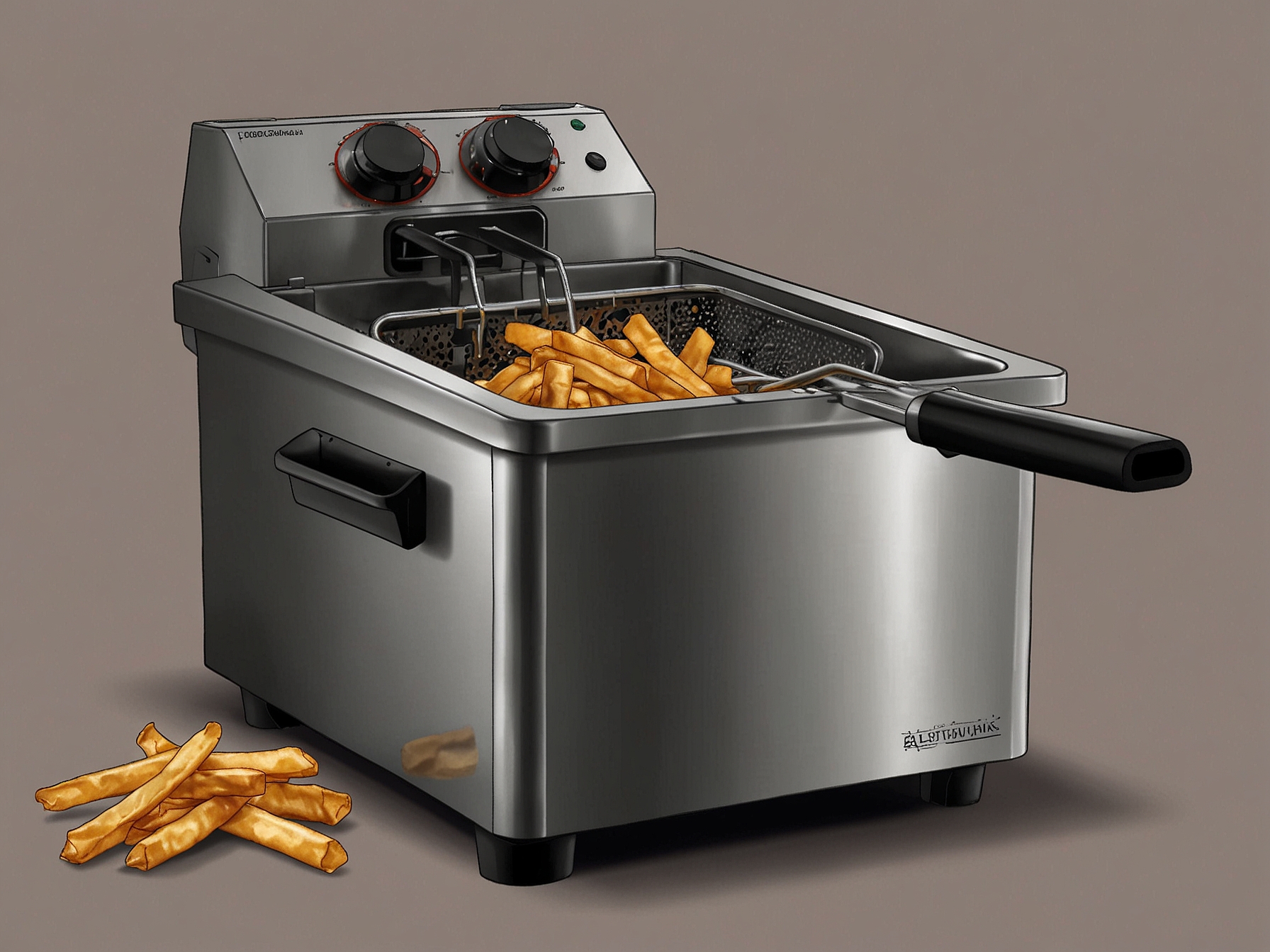 An electric deep fryer with a sleek stainless steel design is shown, frying golden-brown French fries, showcasing the crispy texture that can be achieved at home.