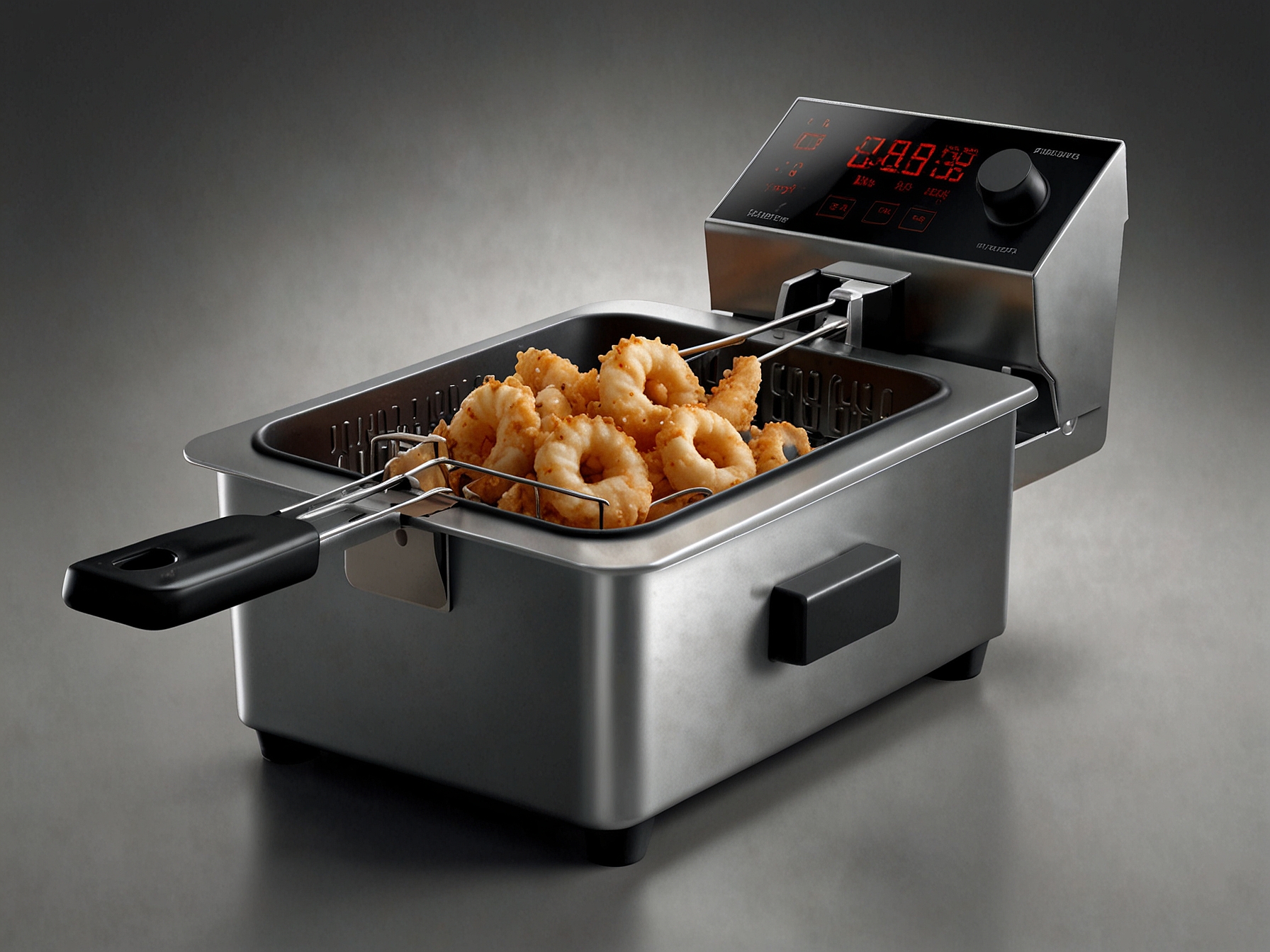 A user-friendly fryer with a digital display illustrates various cooking presets. Delicious calamari is frying inside, highlighting the versatility and ease of cooking.