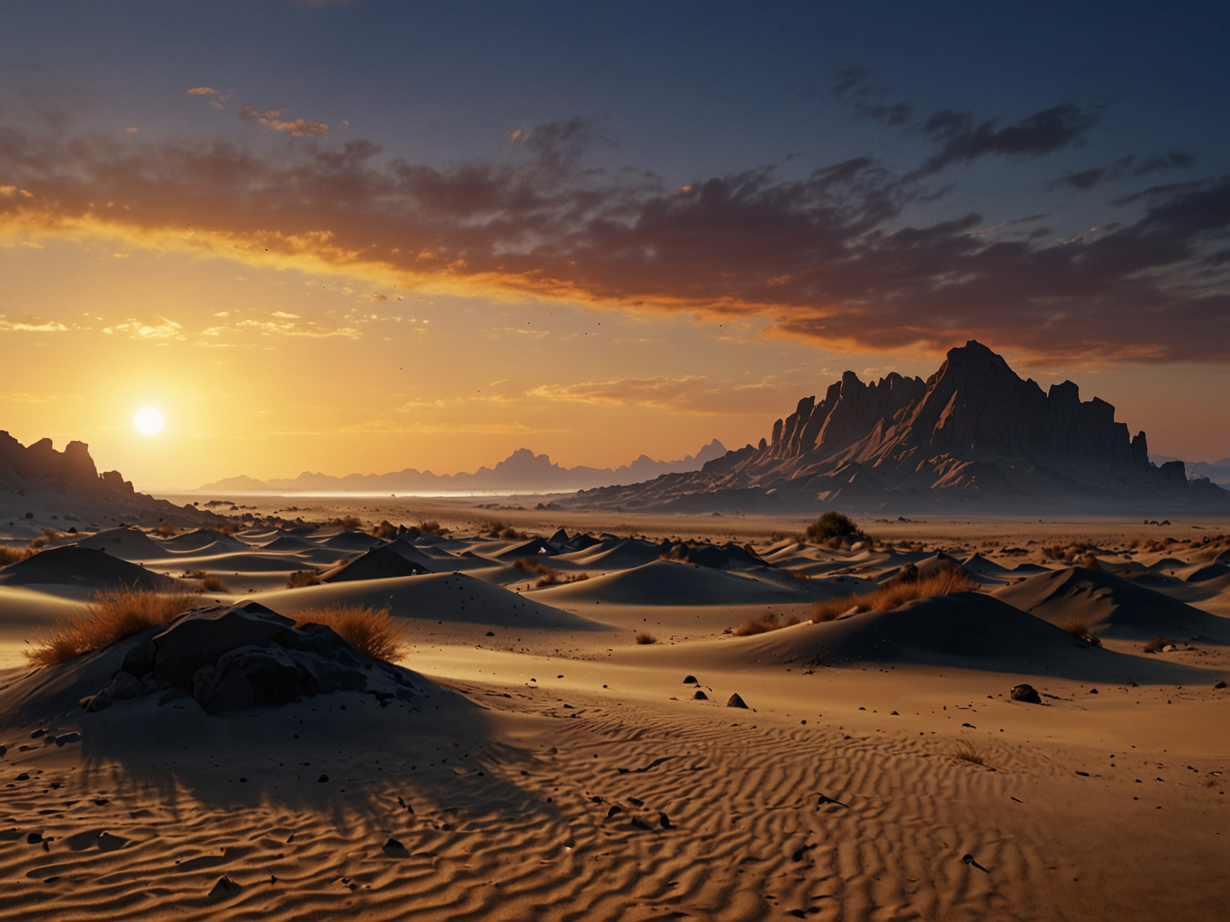 A mesmerizing view of the Black Desert at sunrise, highlighting the striking contrast of black volcanic rocks against the golden sands, inviting adventure seekers.