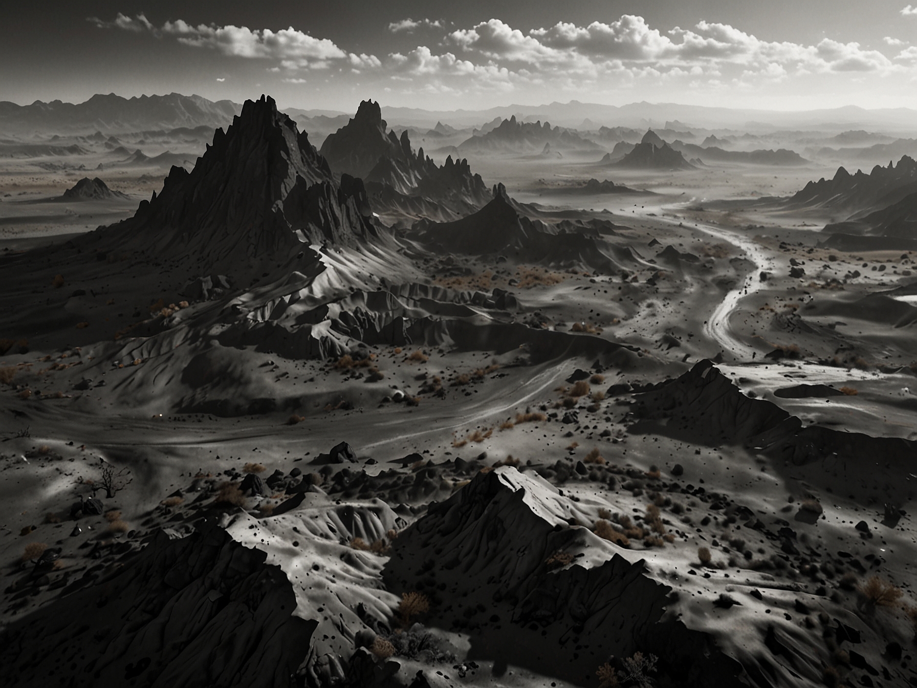 An aerial shot of the expansive Black Desert, showcasing its rugged terrain dotted with ancient volcanic remnants, perfect for photographers and nature lovers alike.