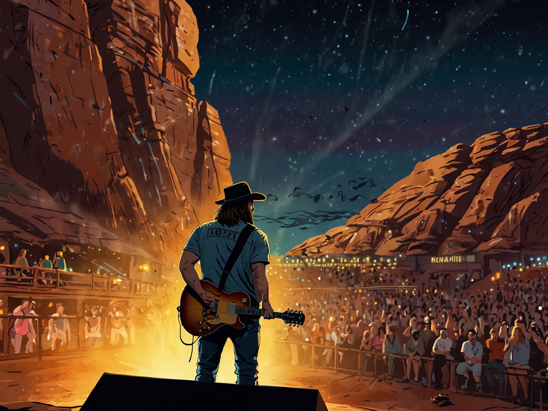 A stunning view of Koe Wetzel performing at the Red Rocks Amphitheatre, bathed in colorful lights, with fans enjoying the energetic atmosphere against the majestic rock formations.