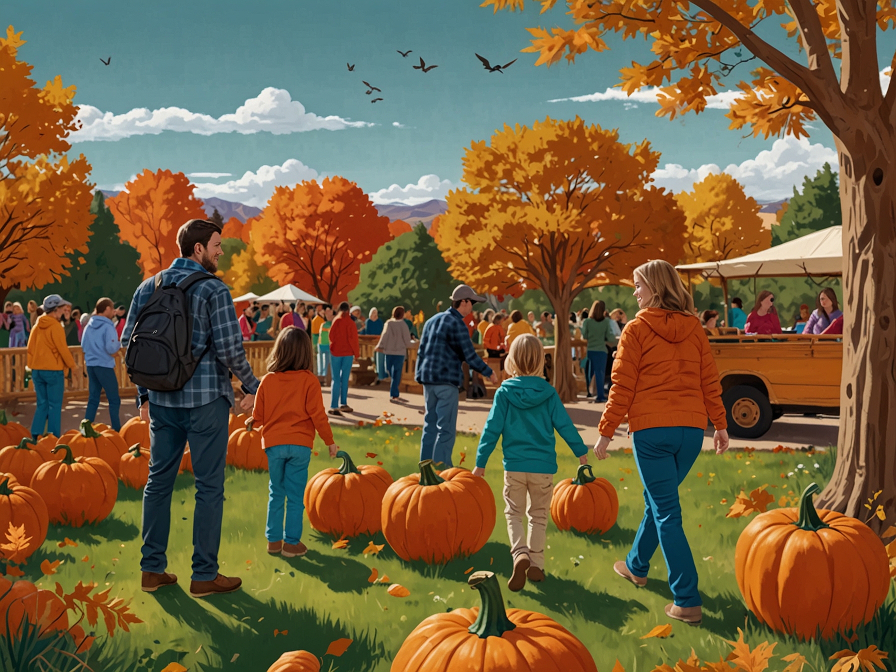 Families enjoying the fall festival at the Denver Botanic Gardens, complete with vibrant pumpkin carvings, hayrides, and children engaged in crafts, showcasing the season's beauty.