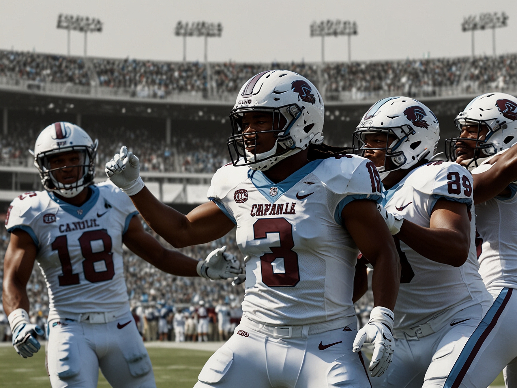 The North Carolina Central Eagles celebrating after scoring a touchdown, showcasing their team spirit and determination during the game against Virginia Lynchburg.