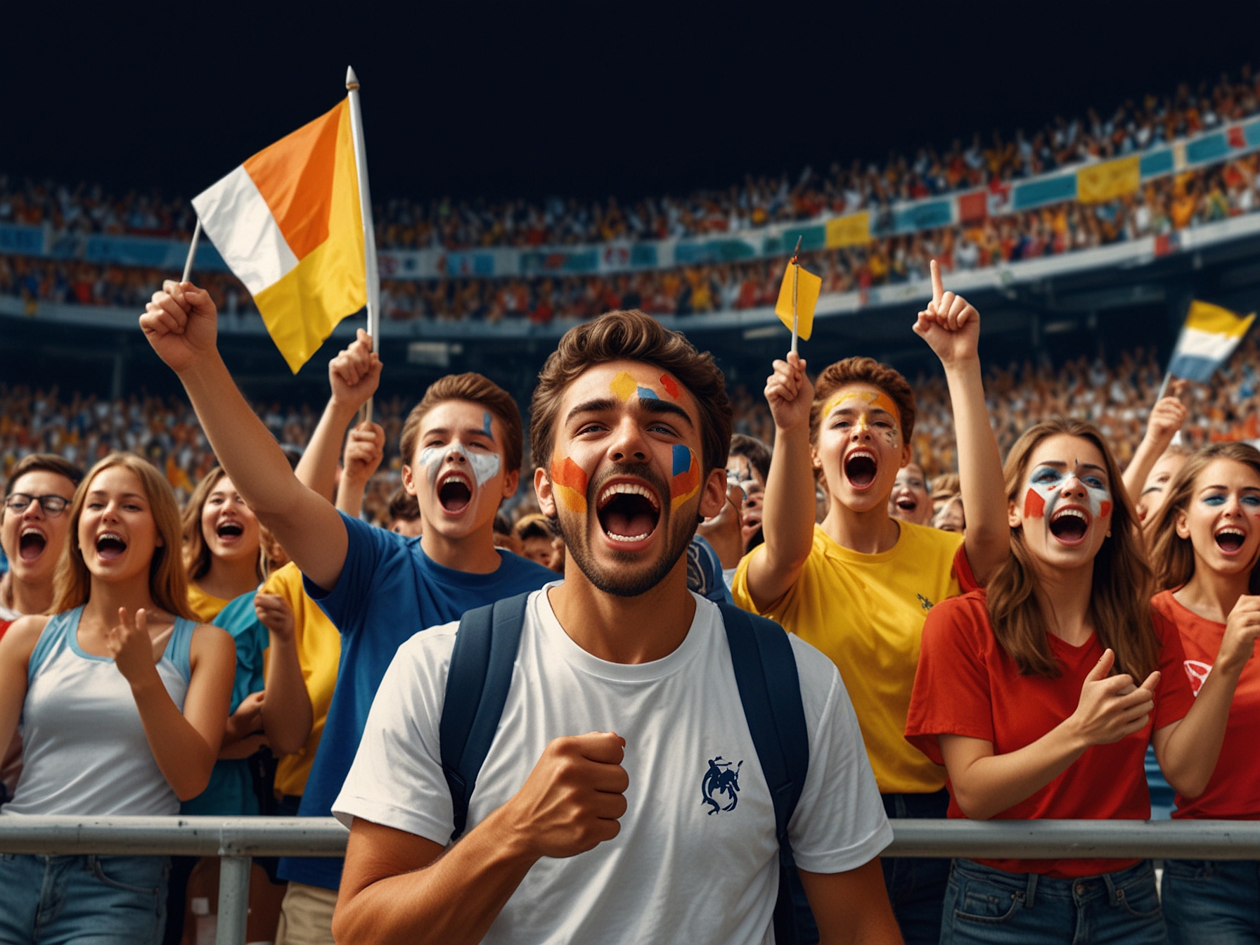 Fans in the stands cheering enthusiastically, waving flags and displaying face paint, highlighting the vibrant school pride and excitement of the game atmosphere.