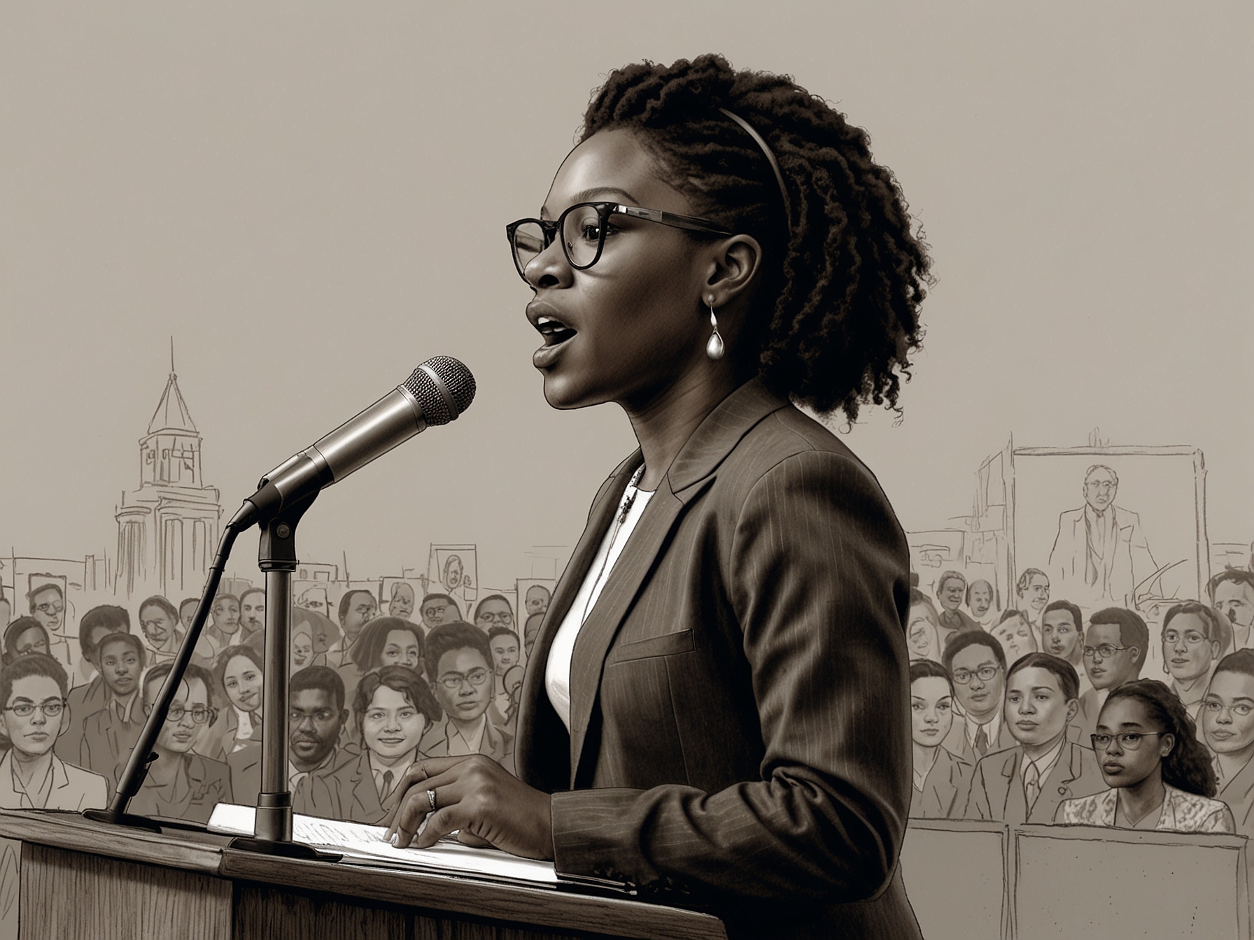 An illustration of Kemi Badenoch delivering a speech, capturing her charisma and energy while engaging with a diverse audience, reflecting her potential as a rising political star.