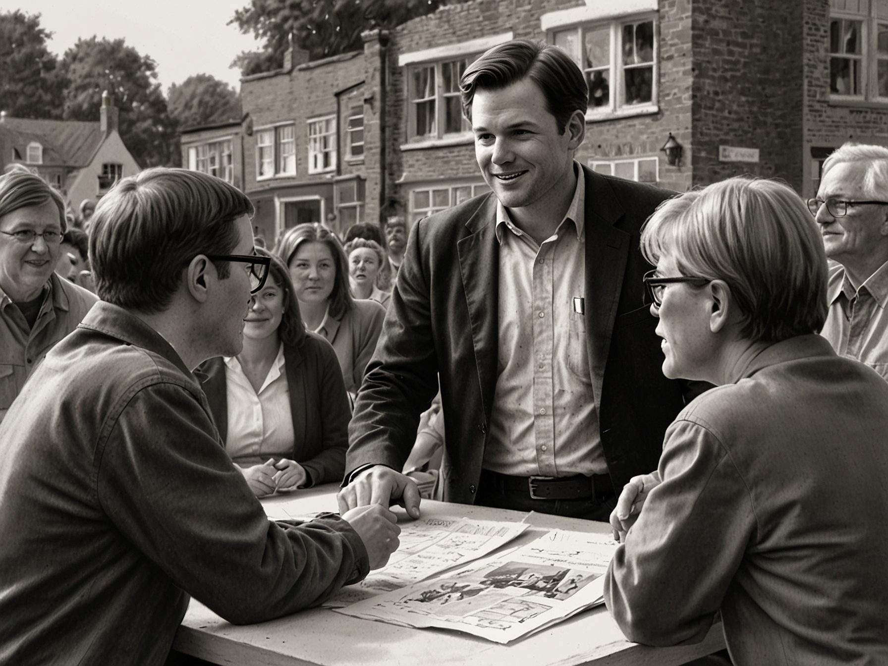 A depiction of Robert Jenrick conversing with constituents at a local community event, illustrating his efforts to connect on a personal level while addressing public concerns and initiatives.