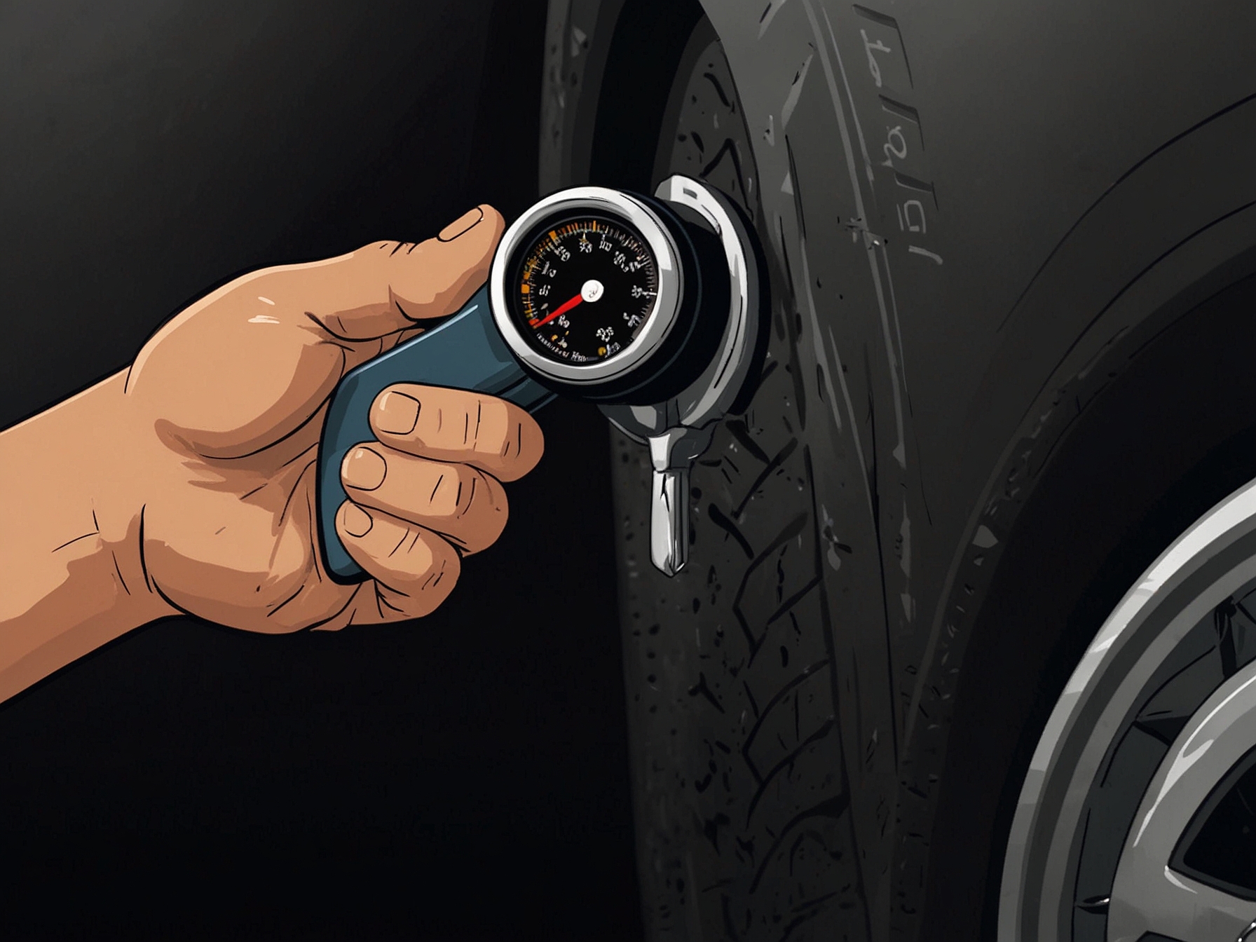A close-up of a hand checking tire pressure with a gauge, emphasizing the importance of maintaining proper tire inflation for fuel efficiency.