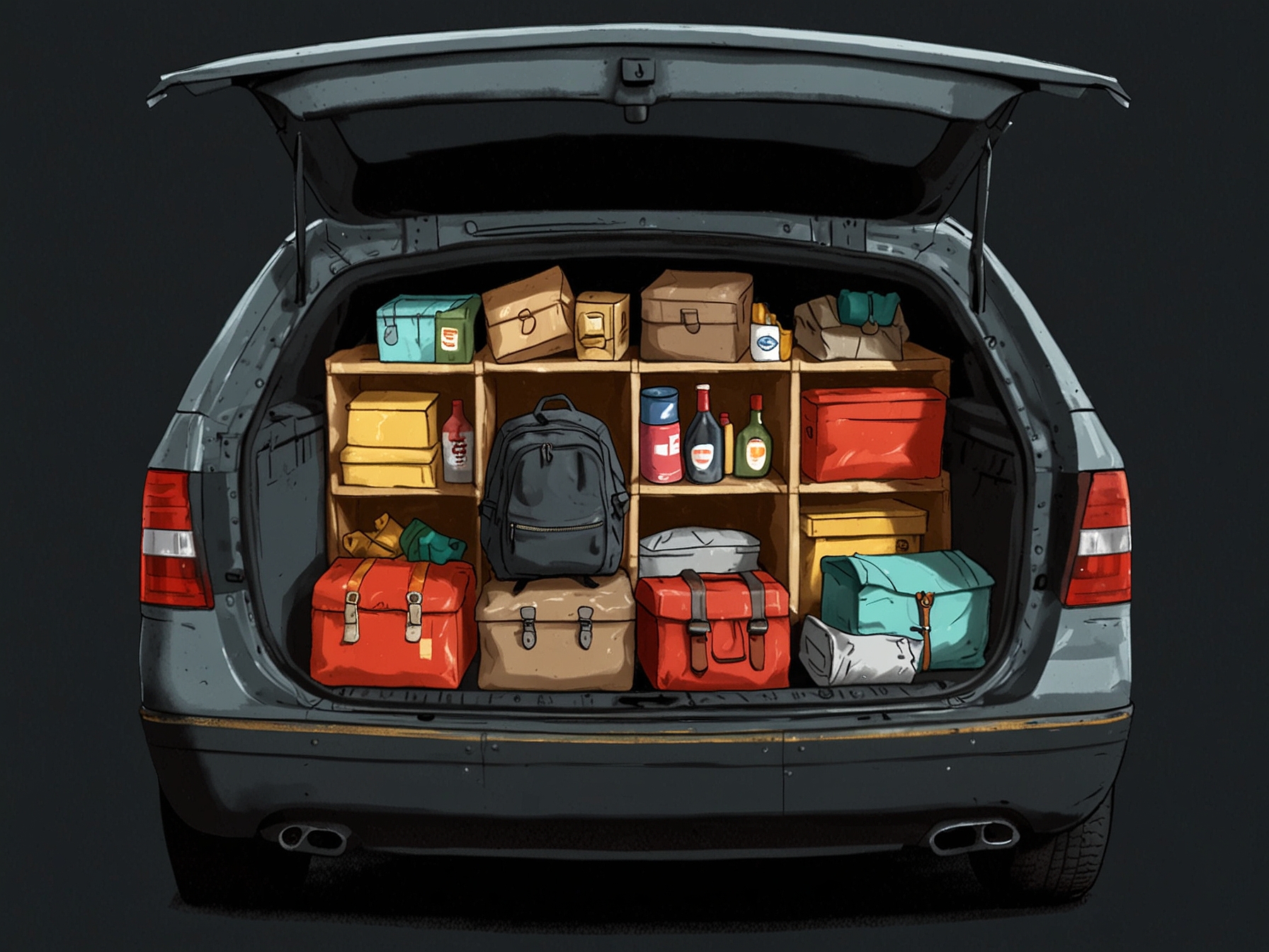 An organized car trunk displaying only essential items, contrasting with a cluttered trunk, showcasing the benefits of reducing excess weight for better fuel economy.