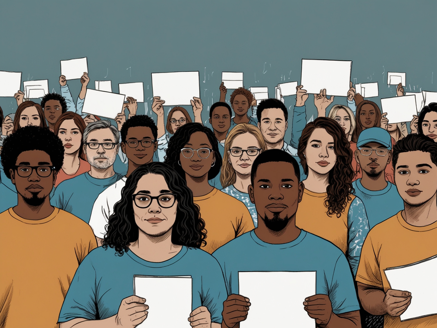A group of diverse people holding signs advocating for data privacy rights, representing collective action and grassroots movements for better data protection.