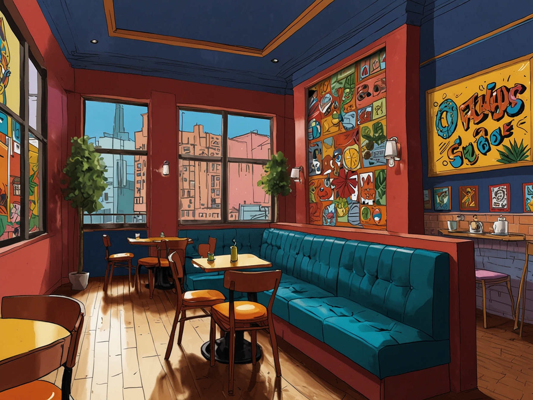 A vibrant restaurant in Mumbai, adorned with colorful 90s cartoon art, where diners enjoy innovative dishes inspired by traditional street food, creating a nostalgic yet modern dining experience.