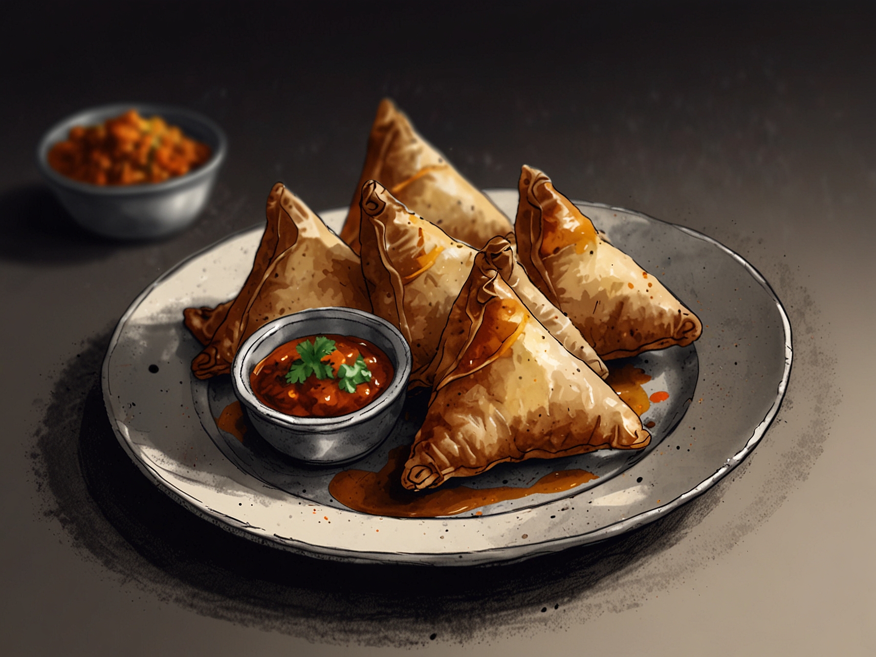 A beautifully plated dish featuring a gourmet samosa infused with truffle, surrounded by vibrant chutneys, showcasing the fusion of traditional flavors with modern culinary techniques.