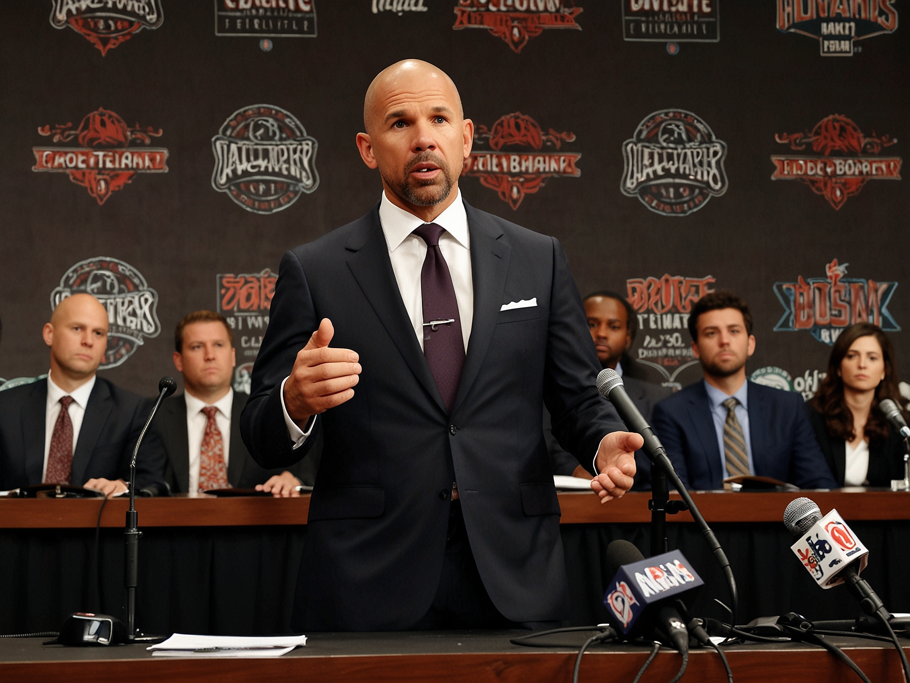 Jason Kidd passionately speaking at a press conference, defending Kyrie Irving's leadership qualities while surrounded by media members, showcasing the intensity of the moment.