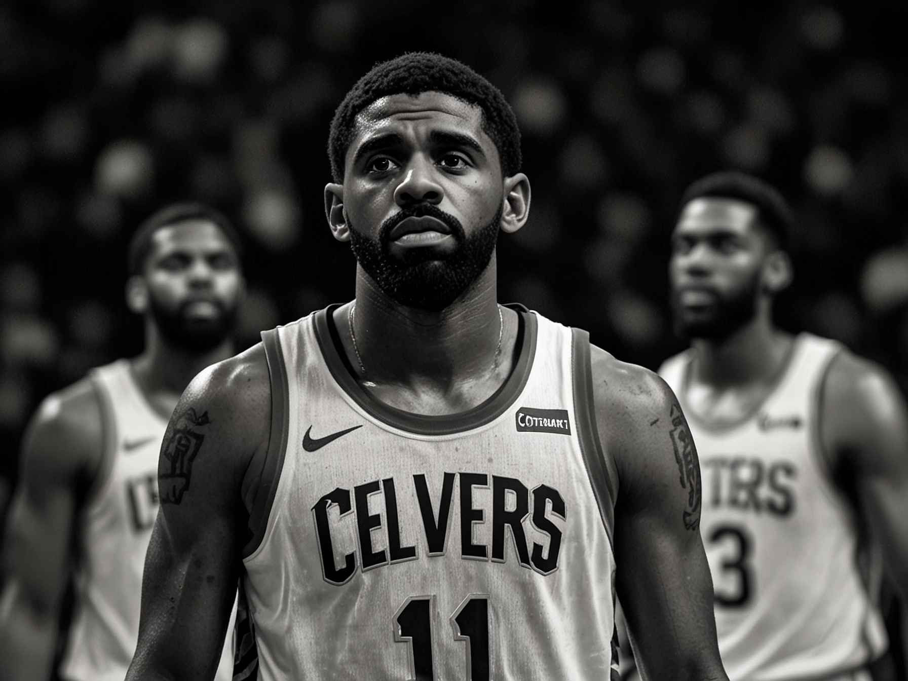 Kyrie Irving on the court, exhibiting a calm demeanor during a high-pressure game, embodying his leadership style as teammates look to him for guidance before a crucial play.