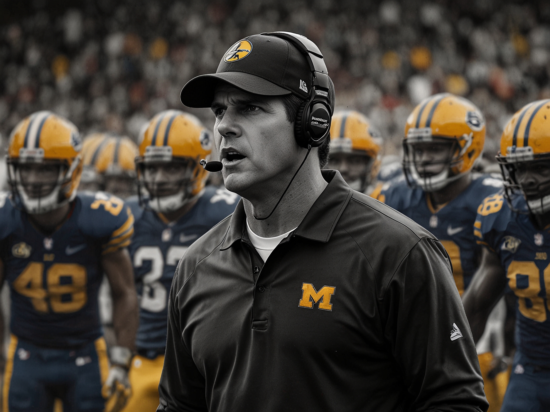 An intense moment captured during the game, with Jim Harbaugh appearing focused on the sidelines, rallying his players and strategizing for victory amidst mounting pressure.