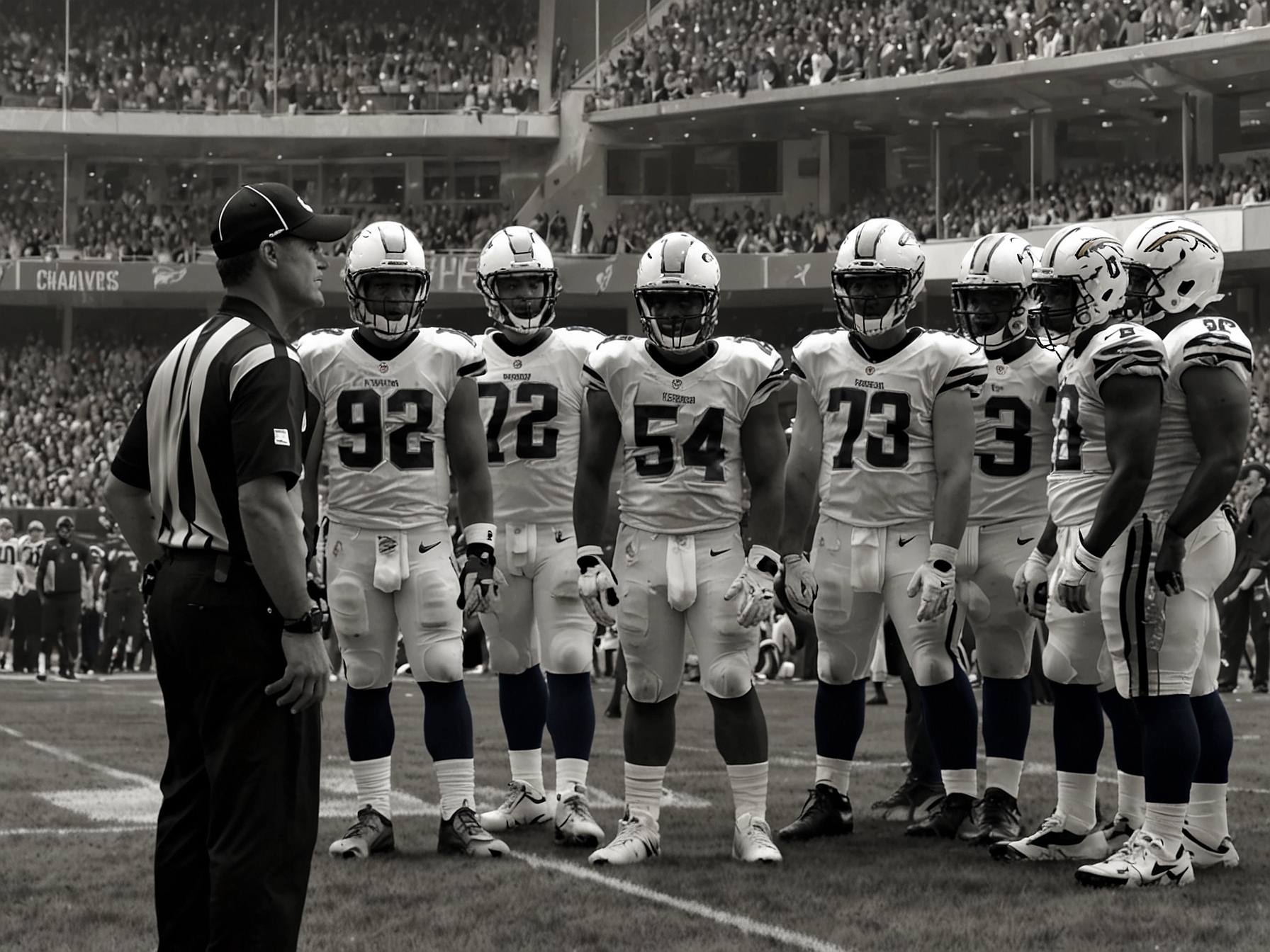A tense scene showing the empty Chargers sideline shortly after Harbaugh's sudden exit, with players looking confused and concerned, highlighting the impact of leadership absence during the game.