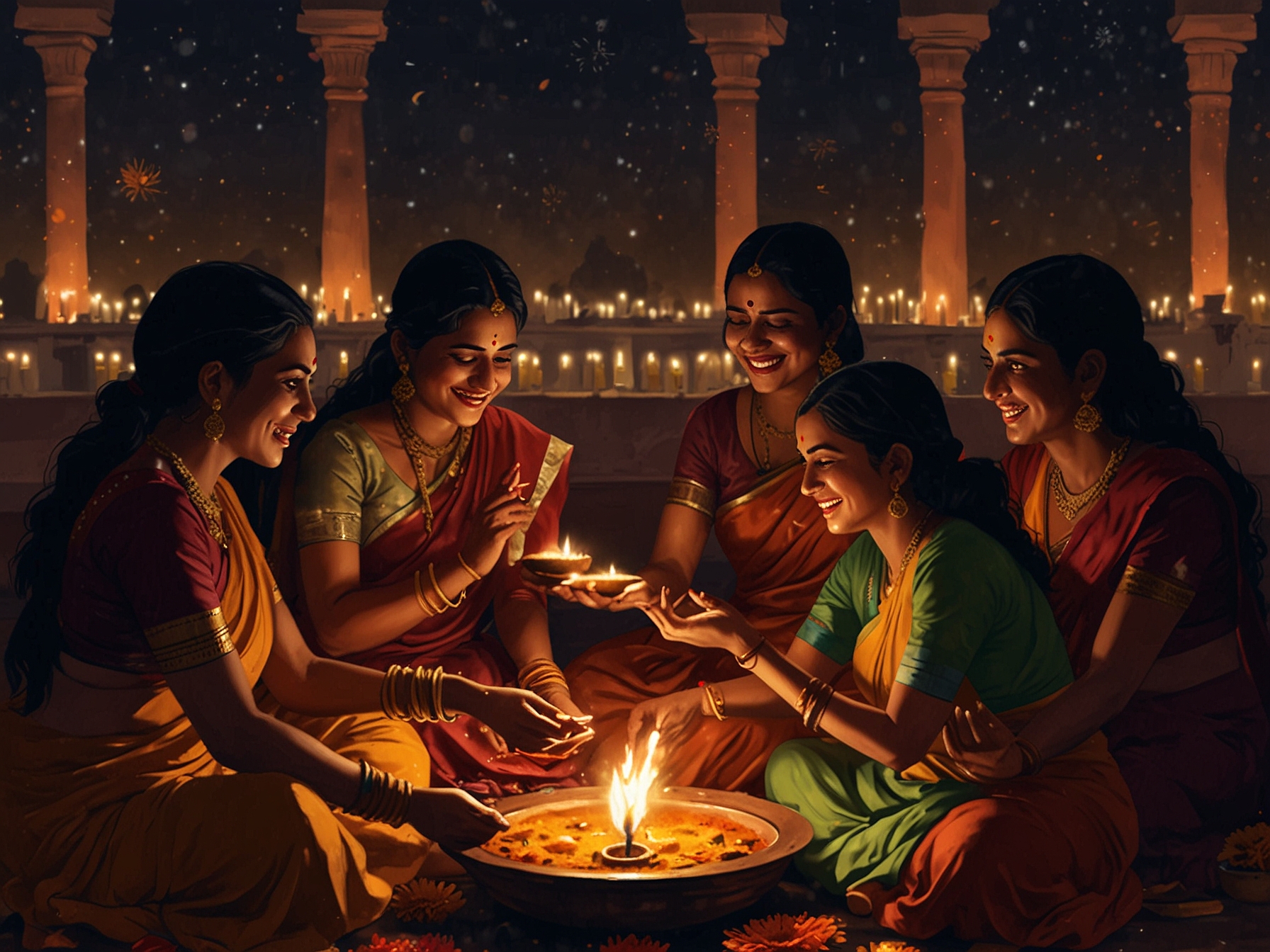 A group of women in Maharashtra celebrating Diwali, adorned in traditional attire, reflecting joy and hope as they connect to the empowerment initiative.