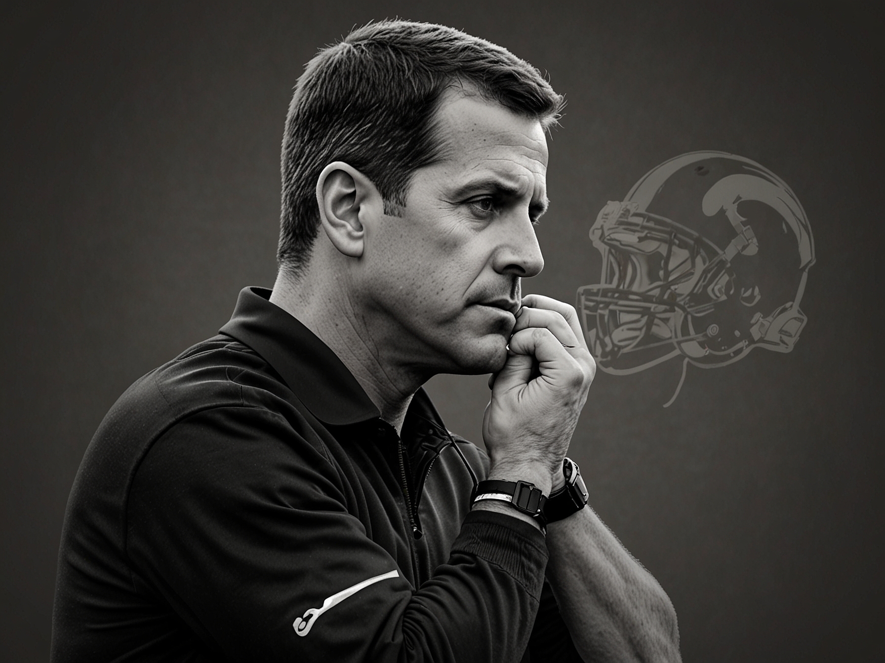 John Harbaugh looks concerned as he receives news about his brother Jim's health during a press conference, showcasing the emotional weight on coaches' shoulders.