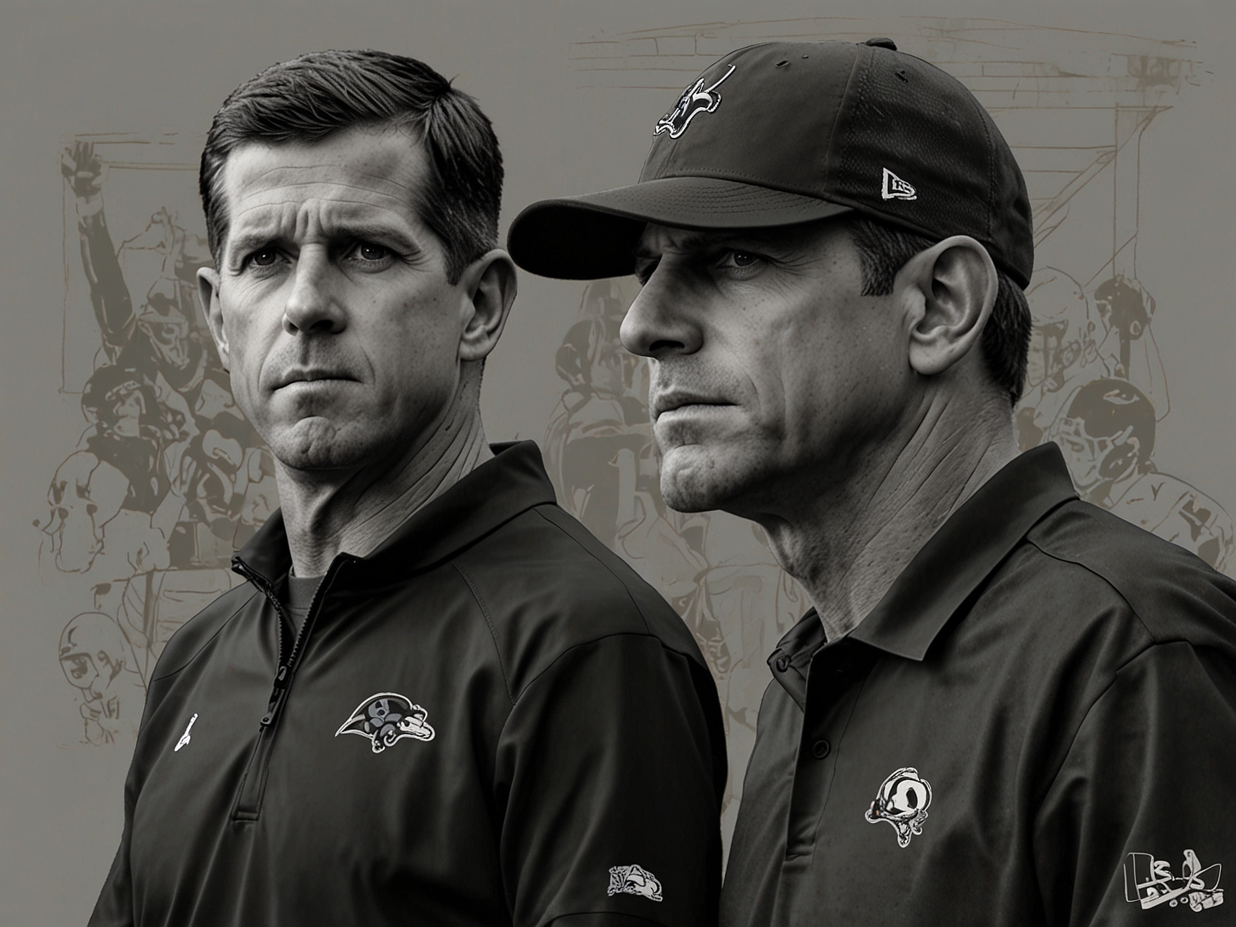 A split image featuring John Harbaugh on one side and Jim Harbaugh on the other, symbolizing the strong family bond between the two brothers amid challenging times.