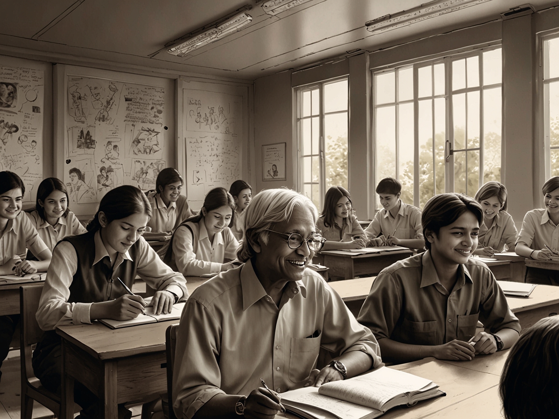 A classroom filled with enthusiastic students engaged in lively discussions, inspired by quotes from APJ Abdul Kalam, showcasing their dreams and aspirations for the future.