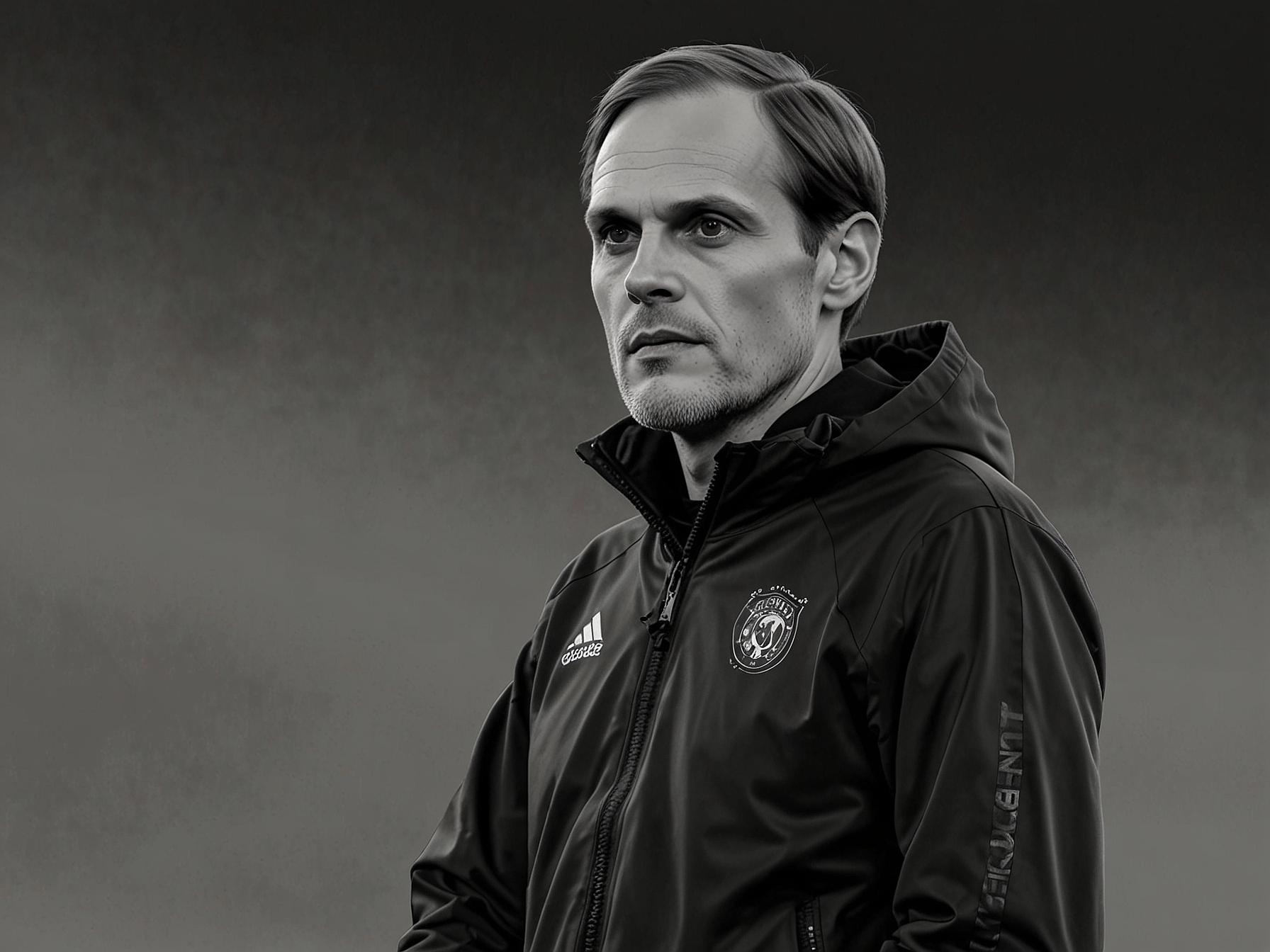 A focused Thomas Tuchel is seen strategizing during a training session, illustrating his renowned tactical acumen and adaptability as a manager, potentially envisioning new tactics for the national team.