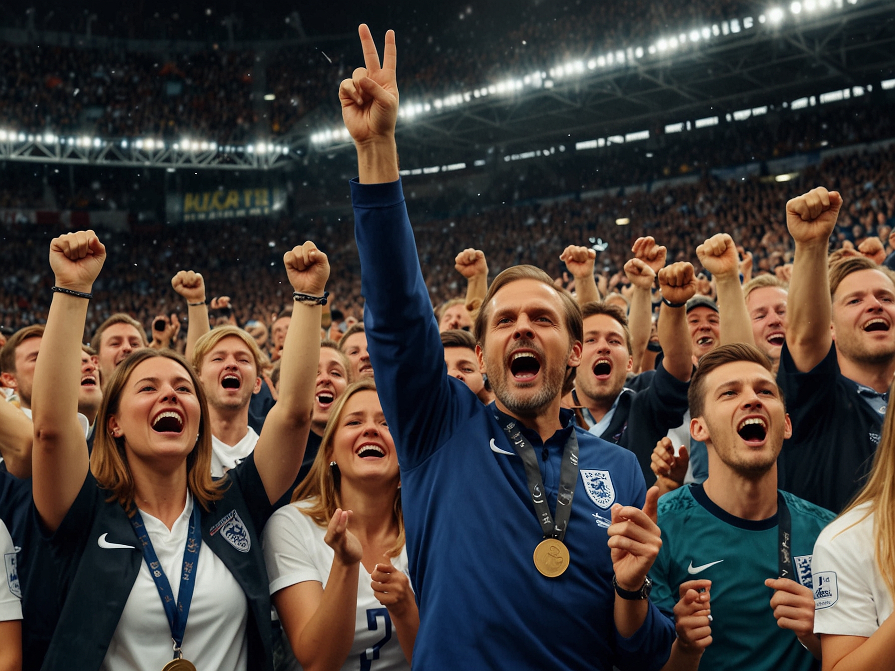 Fans at Wembley are passionately cheering for the England national team, imagining a future where Tuchel leads them to glory, showcasing the excitement and anticipation surrounding this potential change.