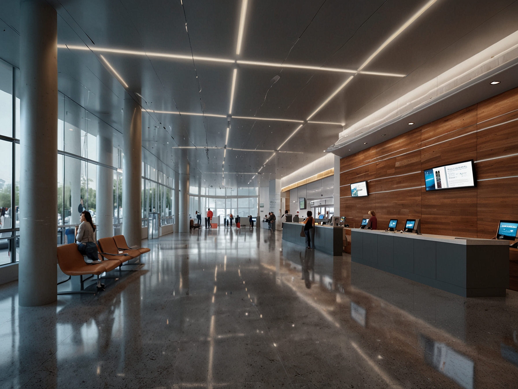 An artist's rendering of a modernized passenger service center, showcasing enhanced waiting areas and digital displays for improved traveler experiences.