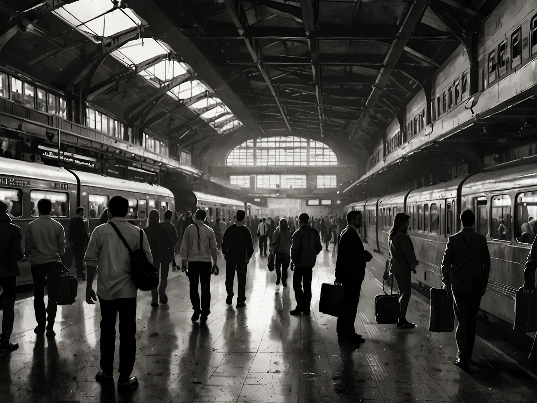 A busy NCR train station scene emphasizing the human element, with staff assisting travelers and providing real-time information amidst the daily hustle.