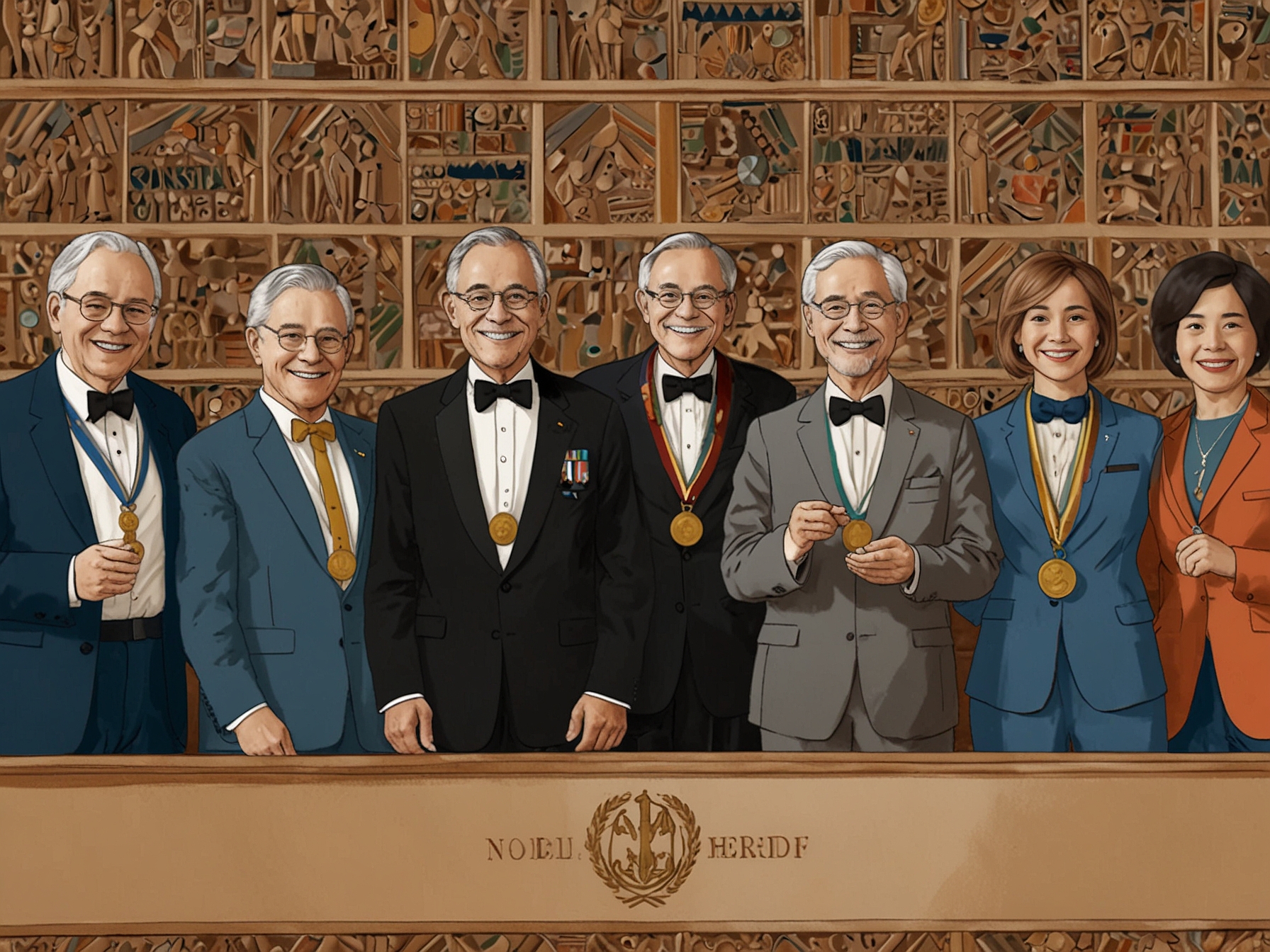 A group of diverse Nobel Prize winners smiling on stage, showcasing their medals, representing a mosaic of fields ranging from literature to peacekeeping efforts.