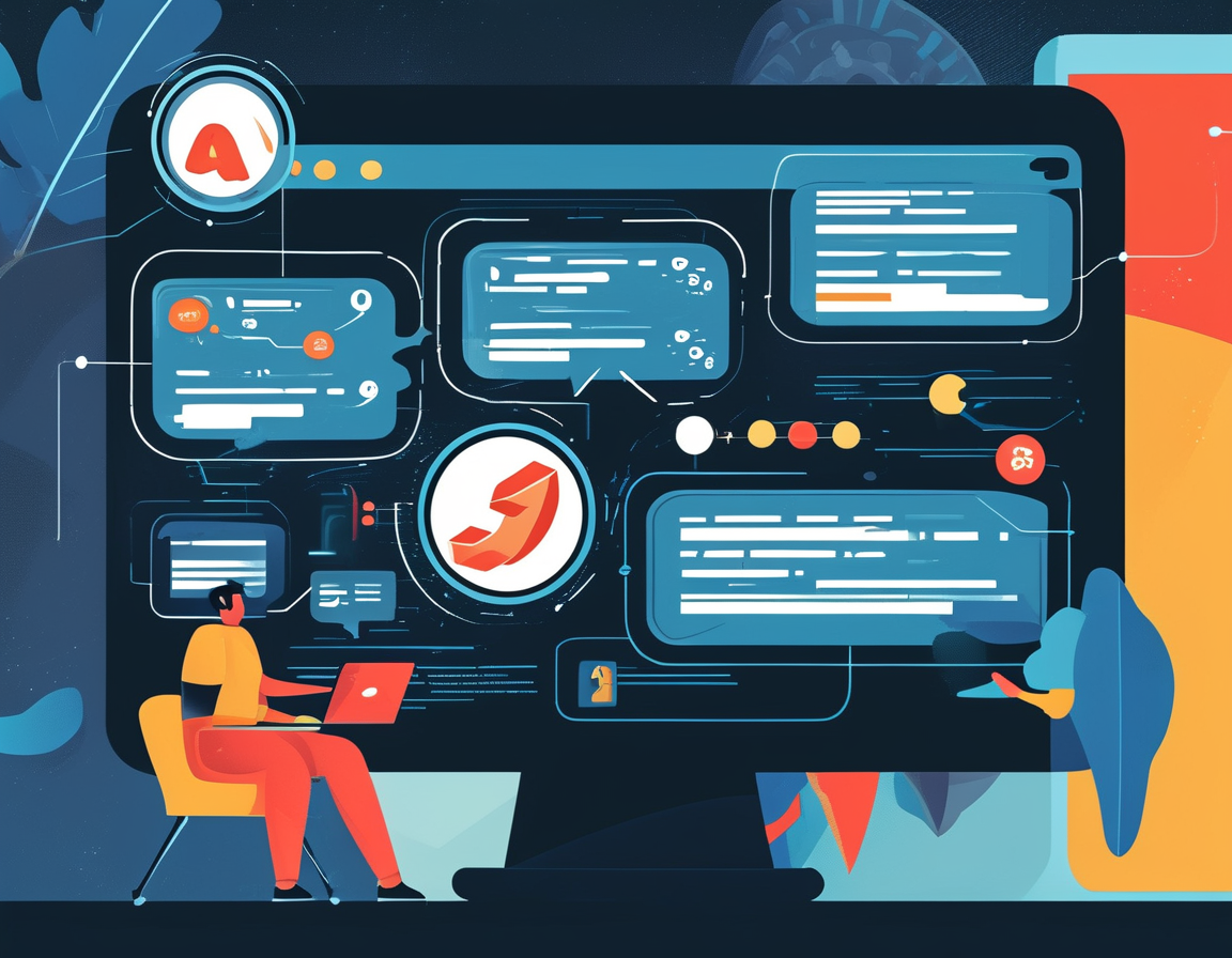 An illustration showing the concept of AI analyzing data, with algorithms visually depicted as they scan and flag harmful content on social media platforms.