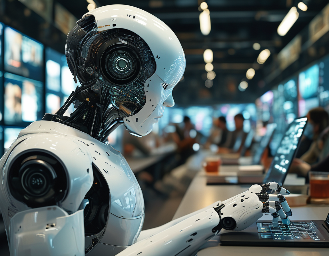 A futuristic scene depicting humans and AI working collaboratively, combining human insight and machine efficiency in content moderation efforts on social platforms.