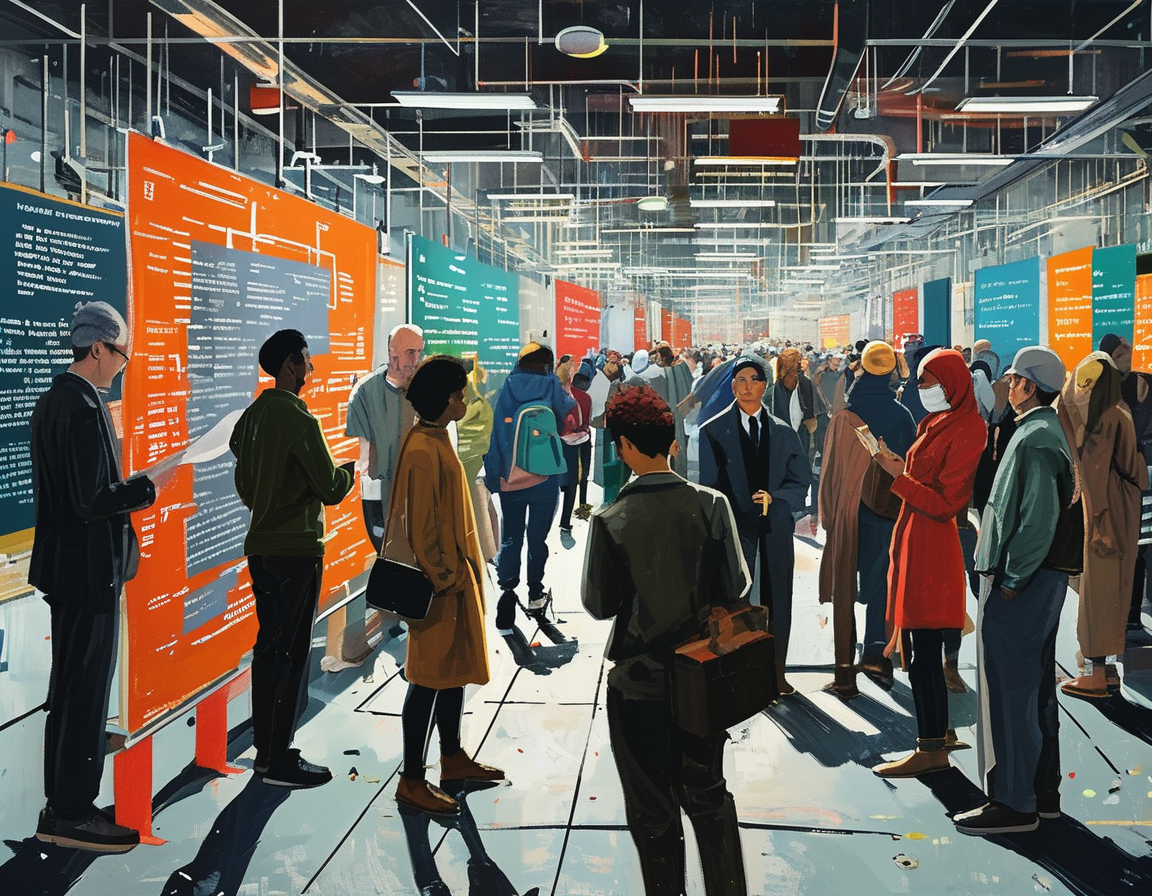 A depiction of a mixed crowd engaging with diverse content, illustrating the potential consequences of misinterpreted AI moderation on art and news, emphasizing the complexity of these issues.