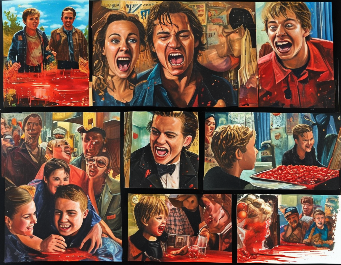 A lively collage illustrating key moments from A Bloody Lucky Day, capturing its dynamic blend of humor and drama that resonates with a younger audience.