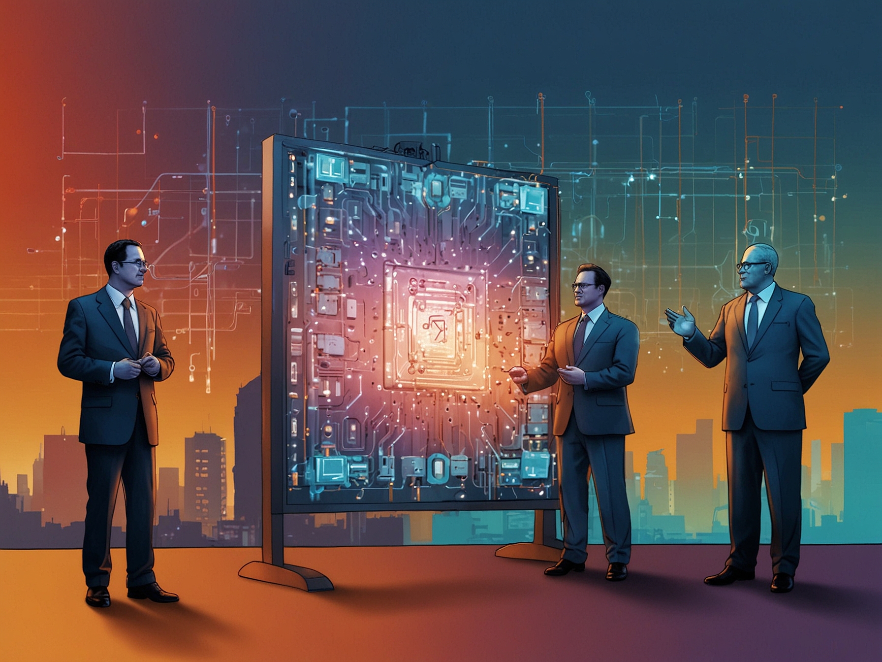 An illustration showcasing the partnership between Adani Group and Israeli firms, highlighting semiconductor chips and innovation in technology with visuals representing India and Israel collaboration.