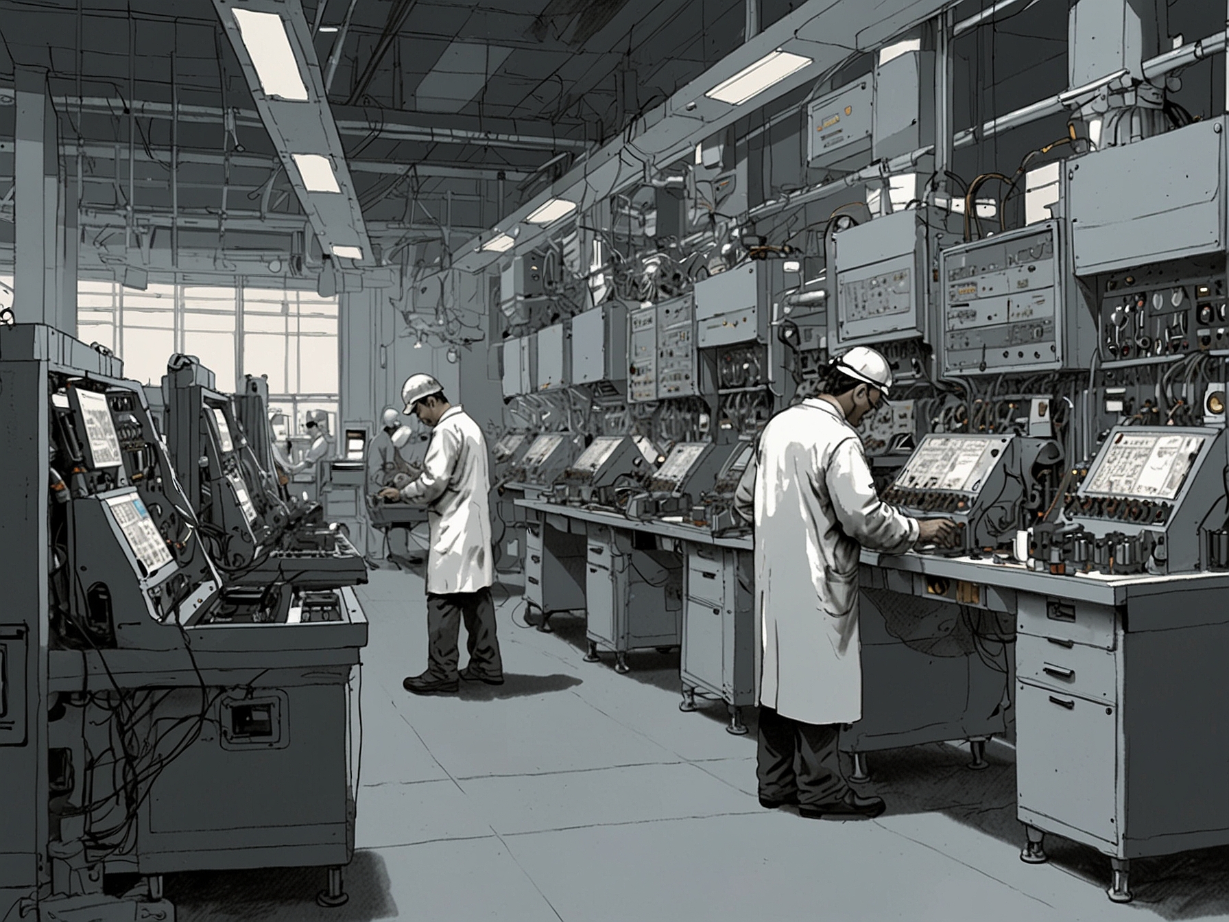 A visual representation of a semiconductor facility, depicting modern machinery and workers engaged in chip manufacturing, symbolizing growth and job creation in India's tech sector.