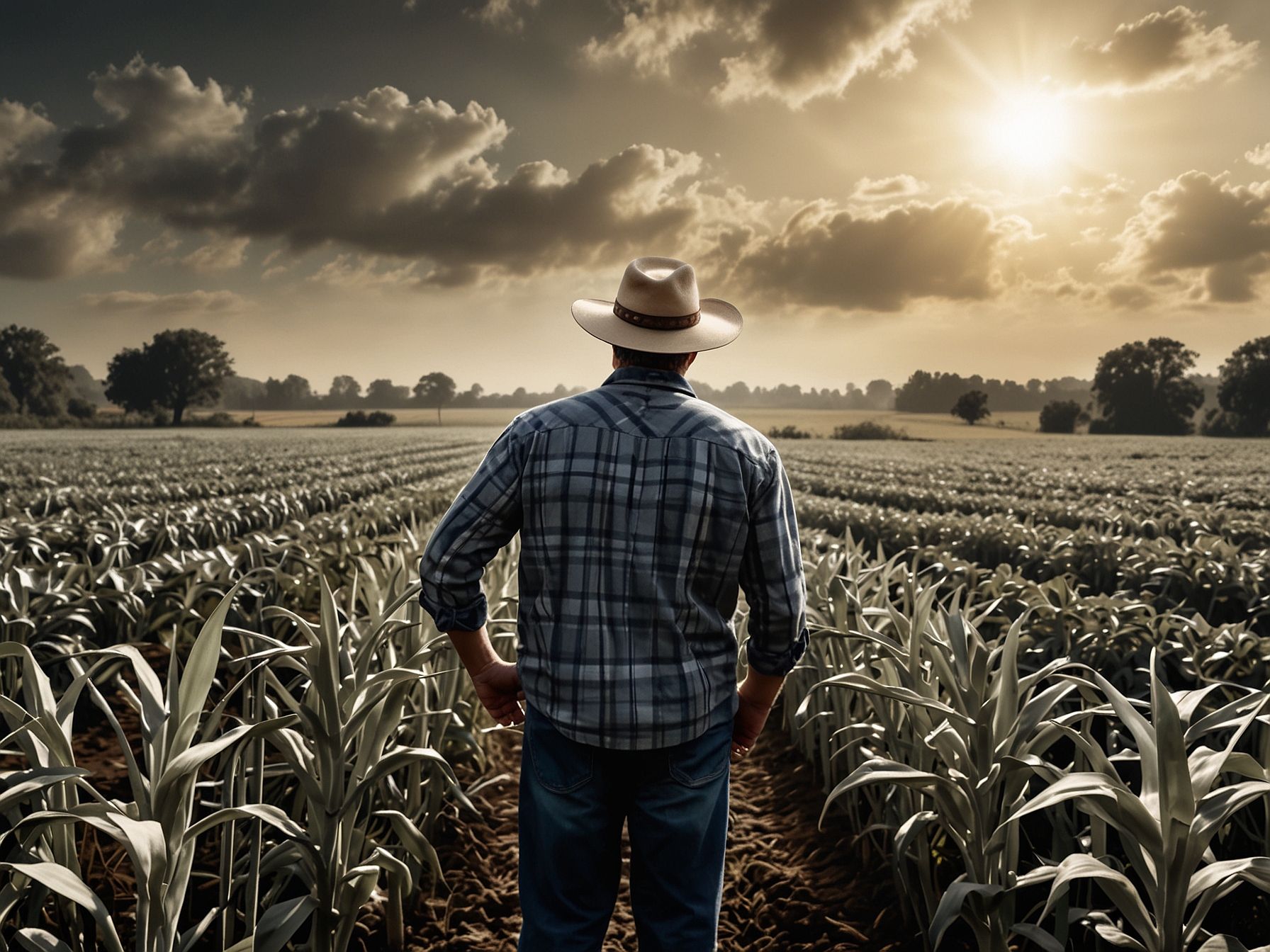 A farmer in a field examining crops, showcasing the impact of innovative biostimulant technologies on agricultural sustainability amidst climate challenges.