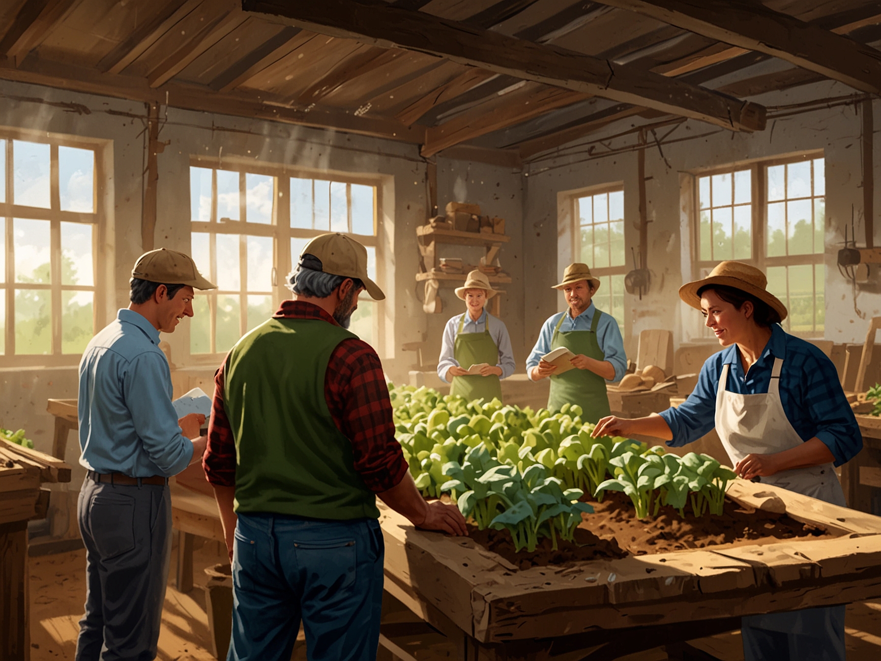 A workshop scene where farmers are learning about sustainable farming practices, highlighting the importance of education in adapting to climate change and improving yields.
